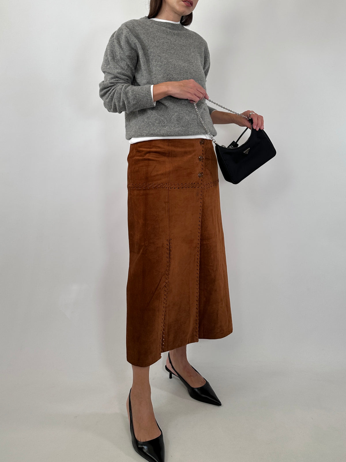 Suede Double Slit Midi Skirt
