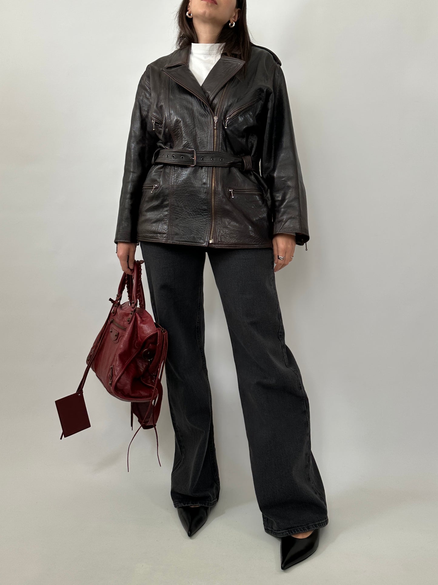 Vintage Dark Brown Leather Belted Jacket