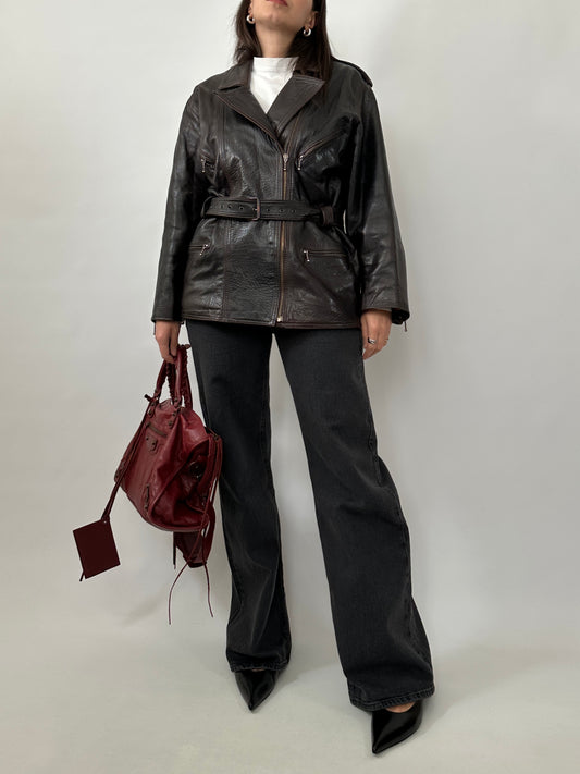 Vintage Dark Brown Leather Belted Jacket