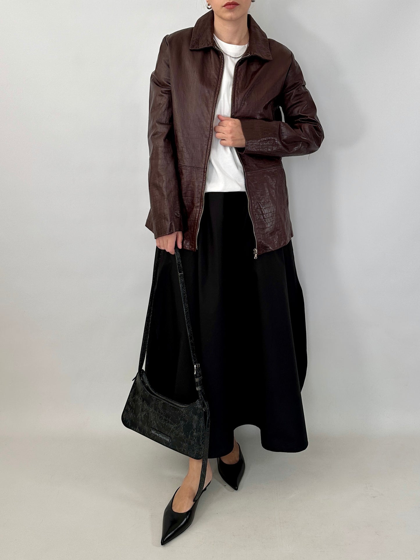 Brown croc-print genuine leather jacket