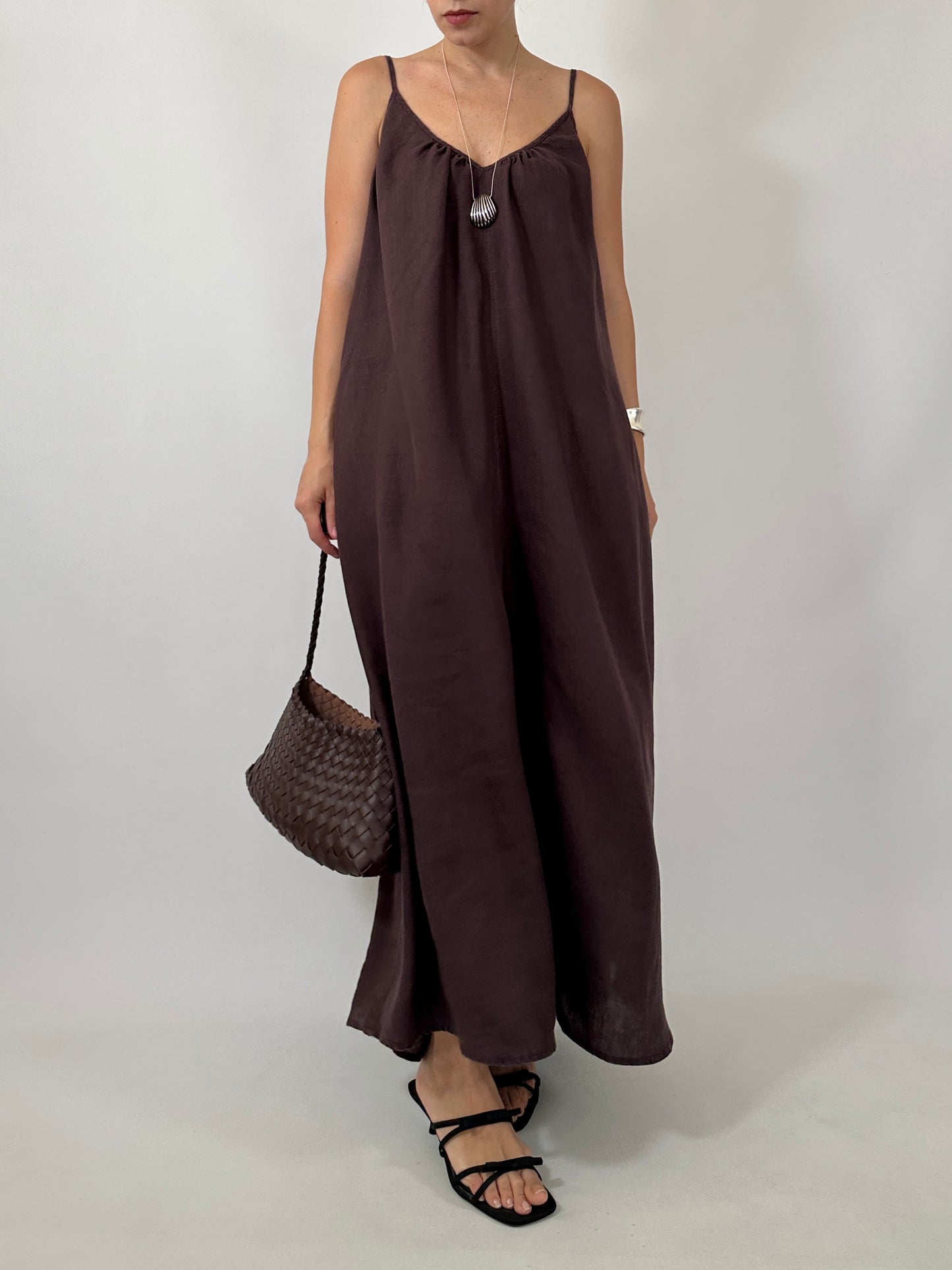 Chocolate Brown 100% Linen Maxi Dress