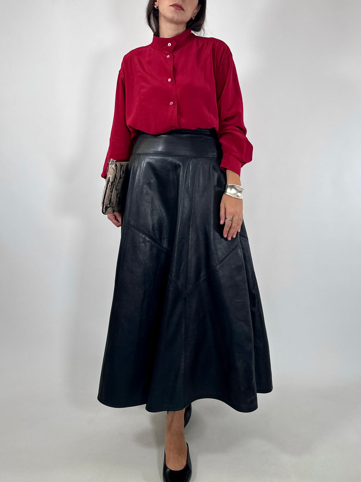 Red Silk Mandarin Collar Shirt