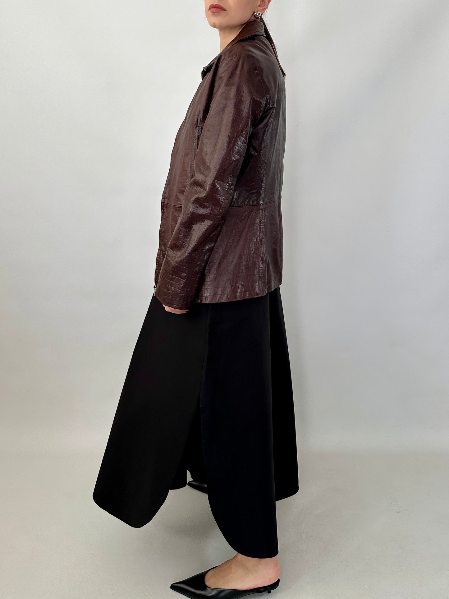 Brown croc-print genuine leather jacket