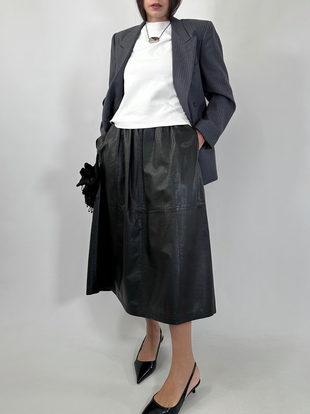 Vintage Black Leather Midi Skirt