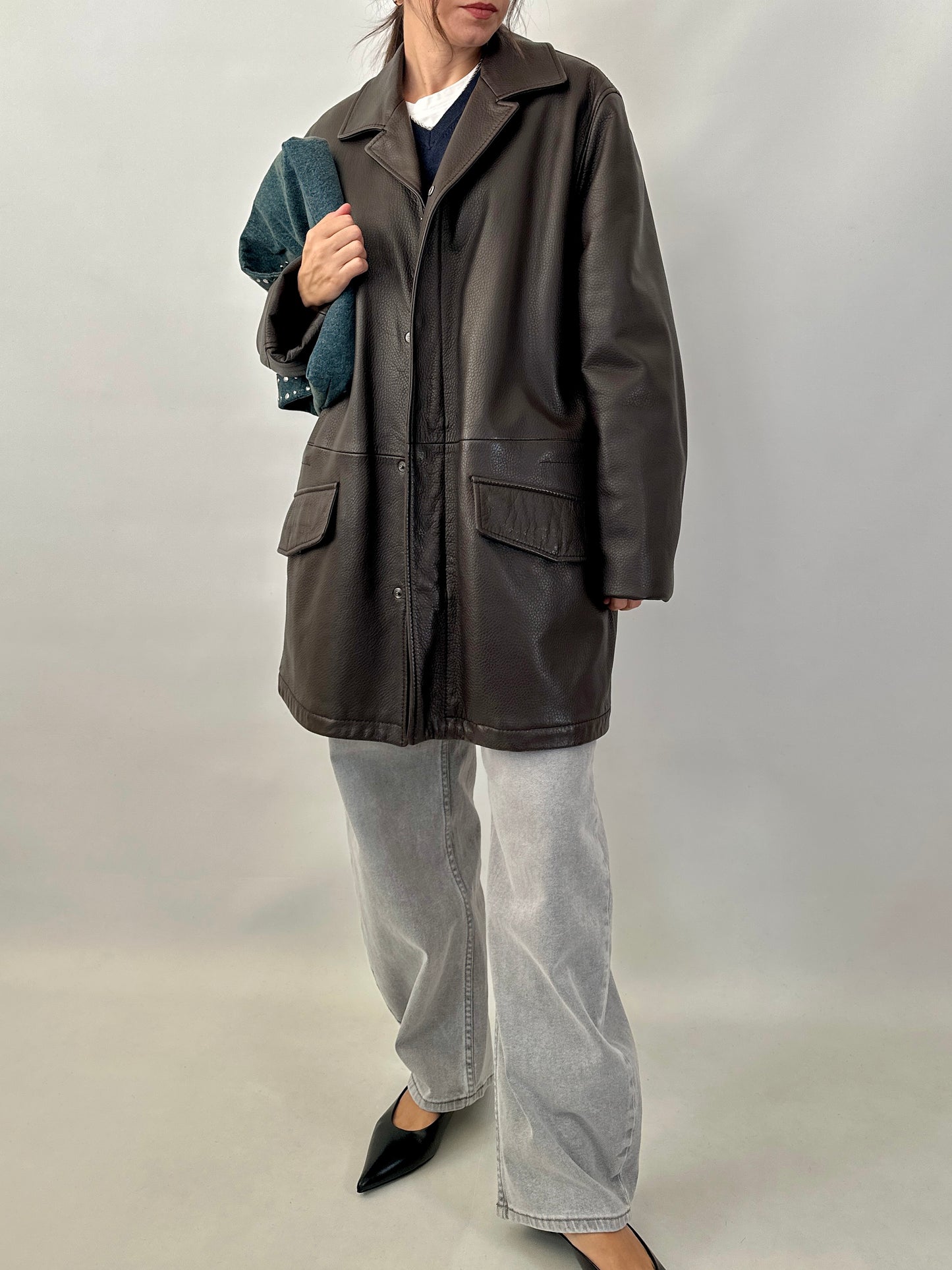 Grained lamb leather brown coat