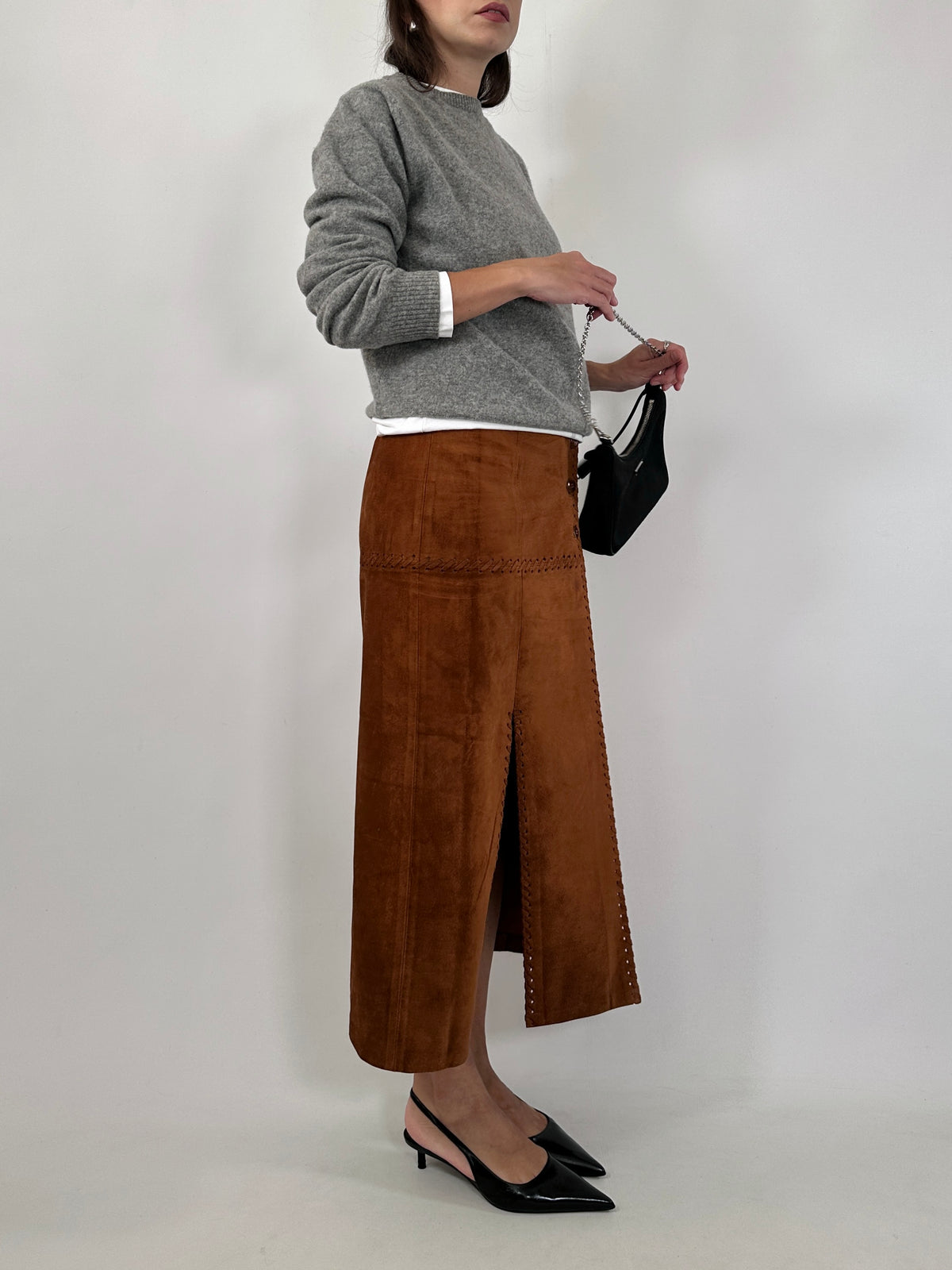 Suede Double Slit Midi Skirt