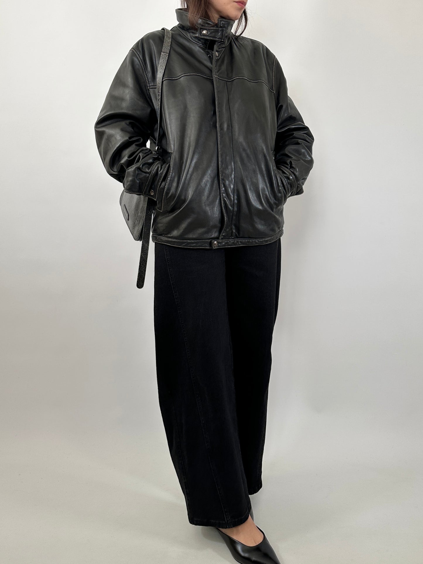 Vintage Leather Jacket with Stand Collar and Contrast Stitching