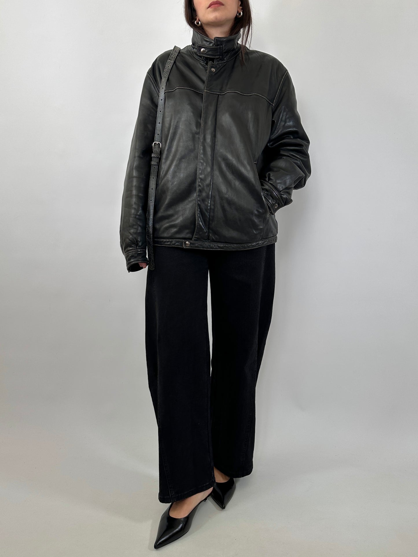 Vintage Leather Jacket with Stand Collar and Contrast Stitching