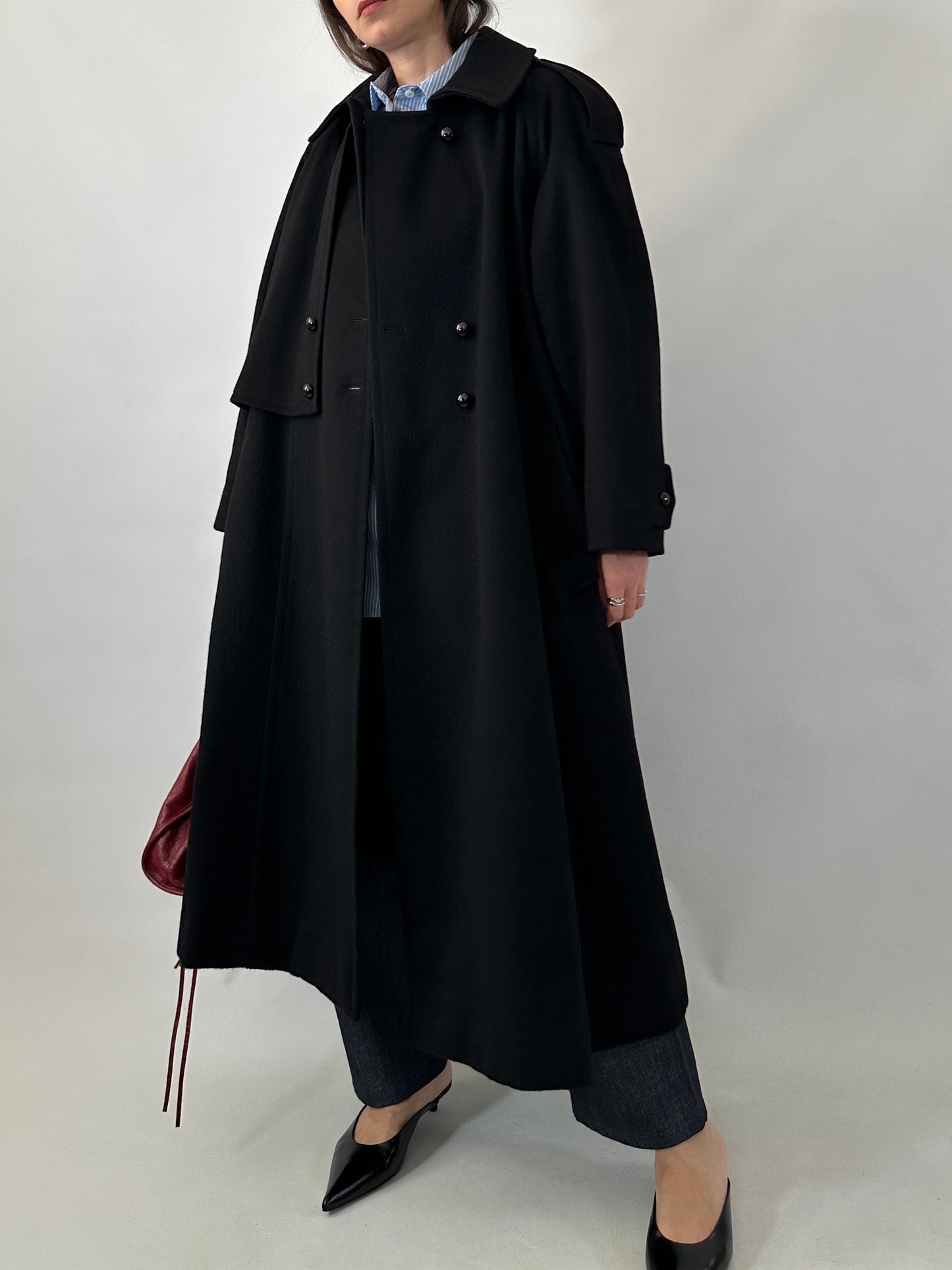 Vintage black wool coat with cape detail