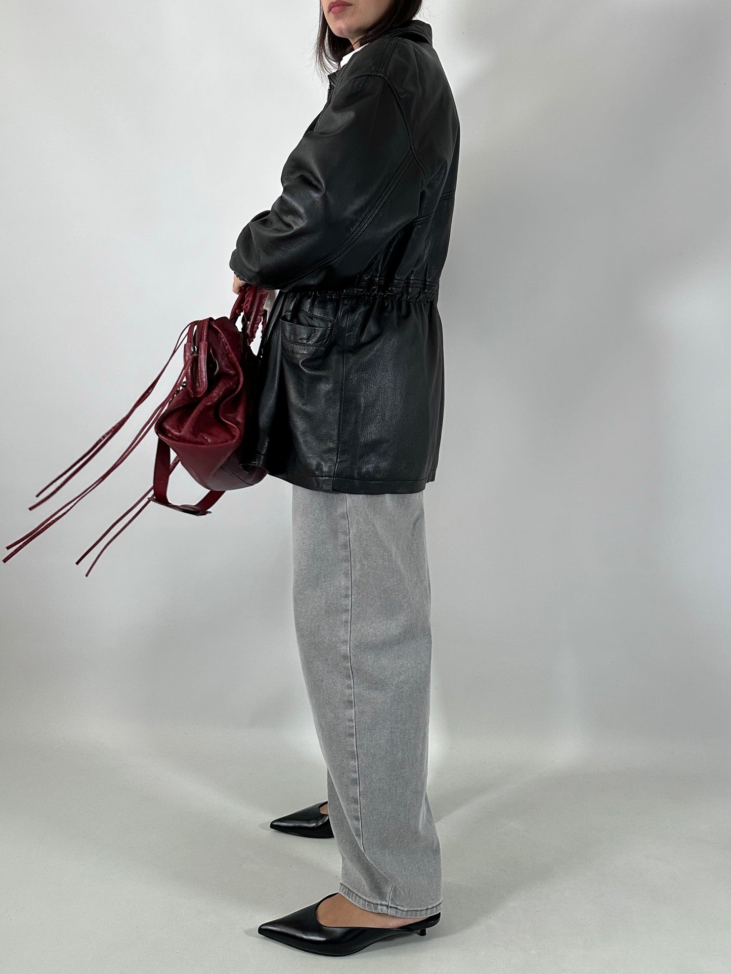 Vintage leather jacket with waist tie detail