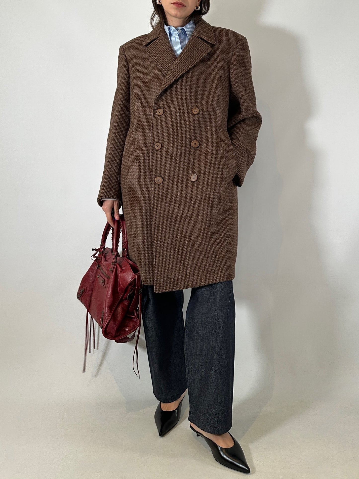 Brown tweed double-breasted coat