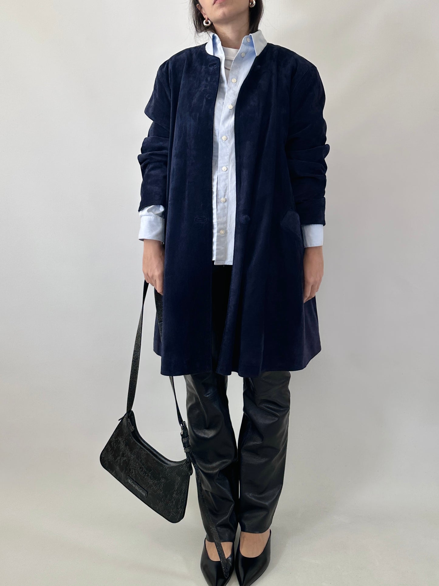 Vintage suede coat with back button detail