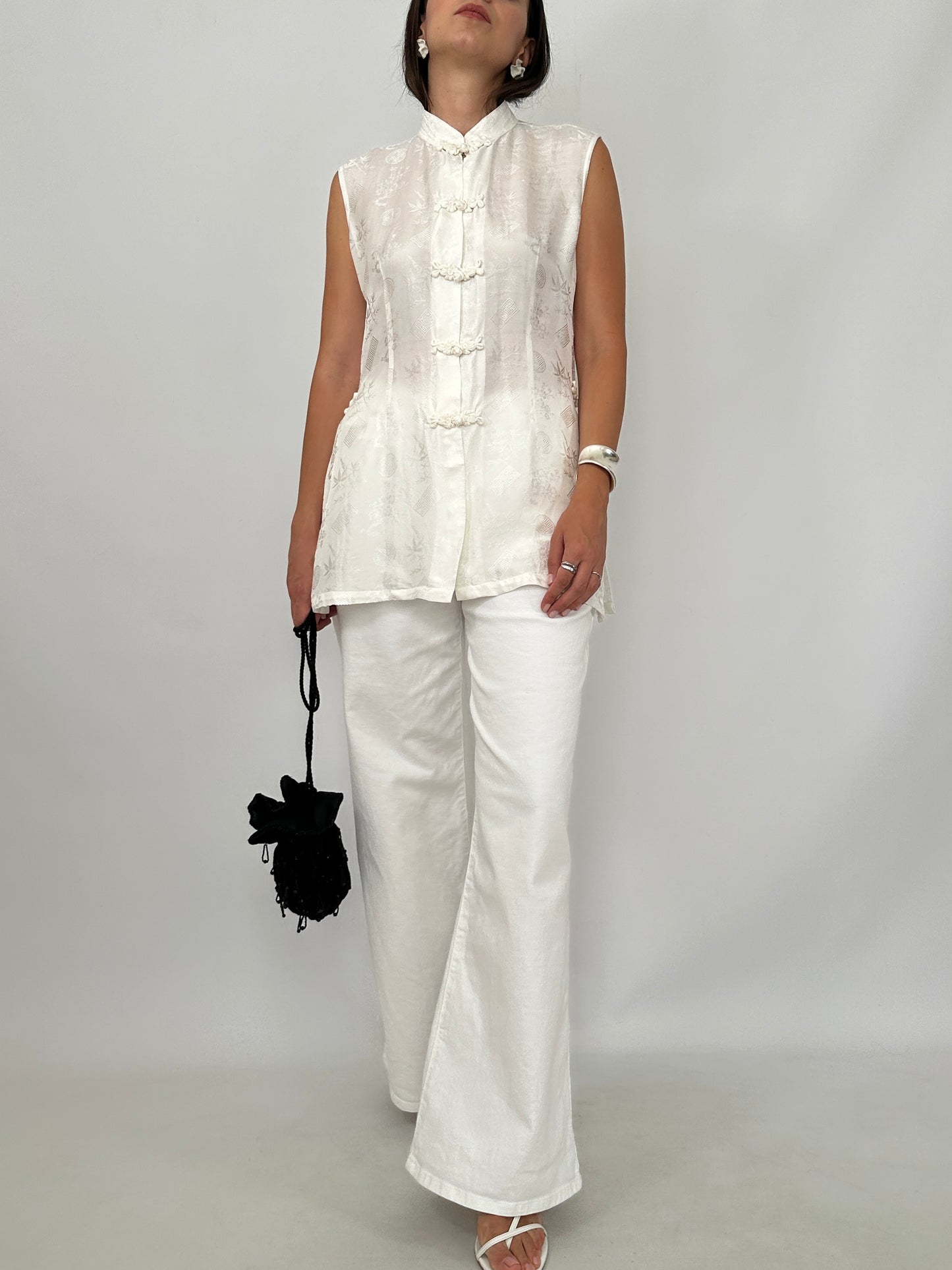 White Silk Jacquard Frog Closure Blouse