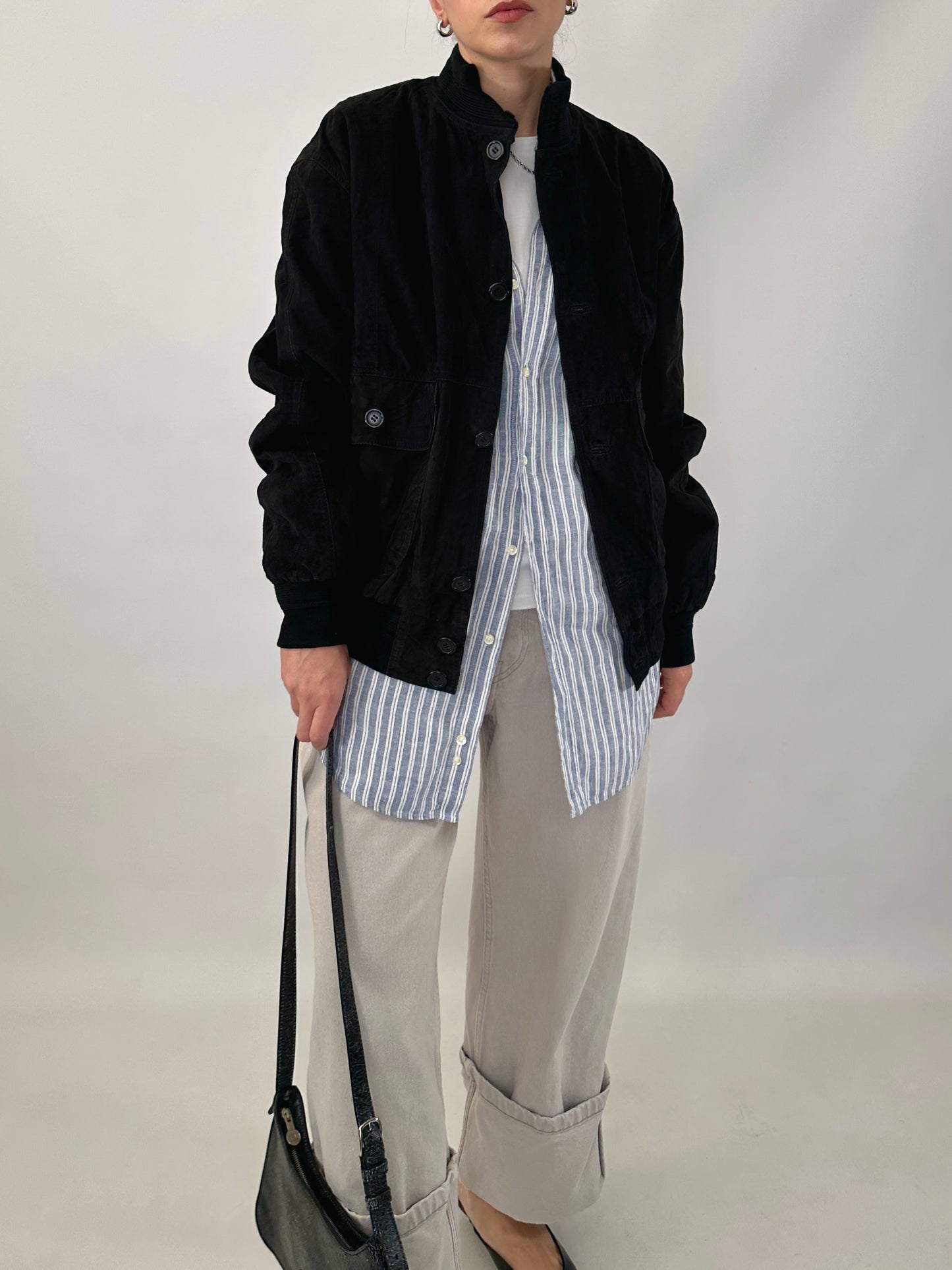 Vintage black bomber jacket in suede