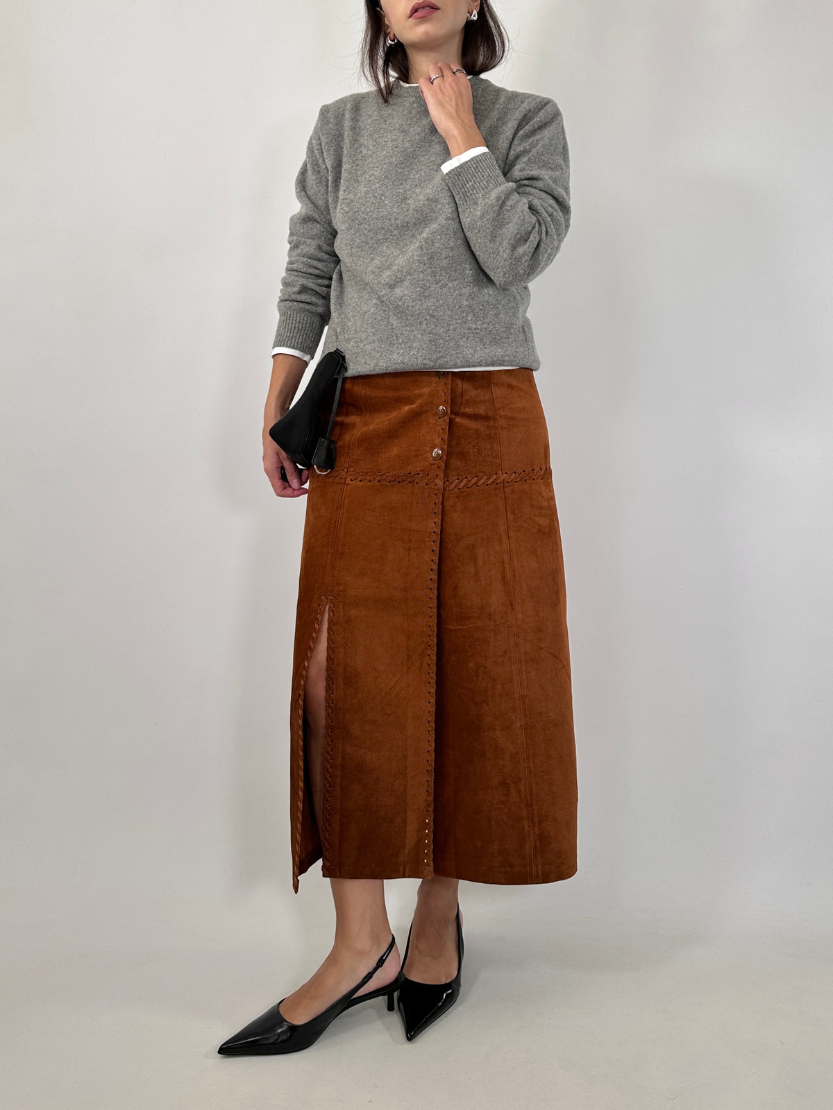 Suede Double Slit Midi Skirt