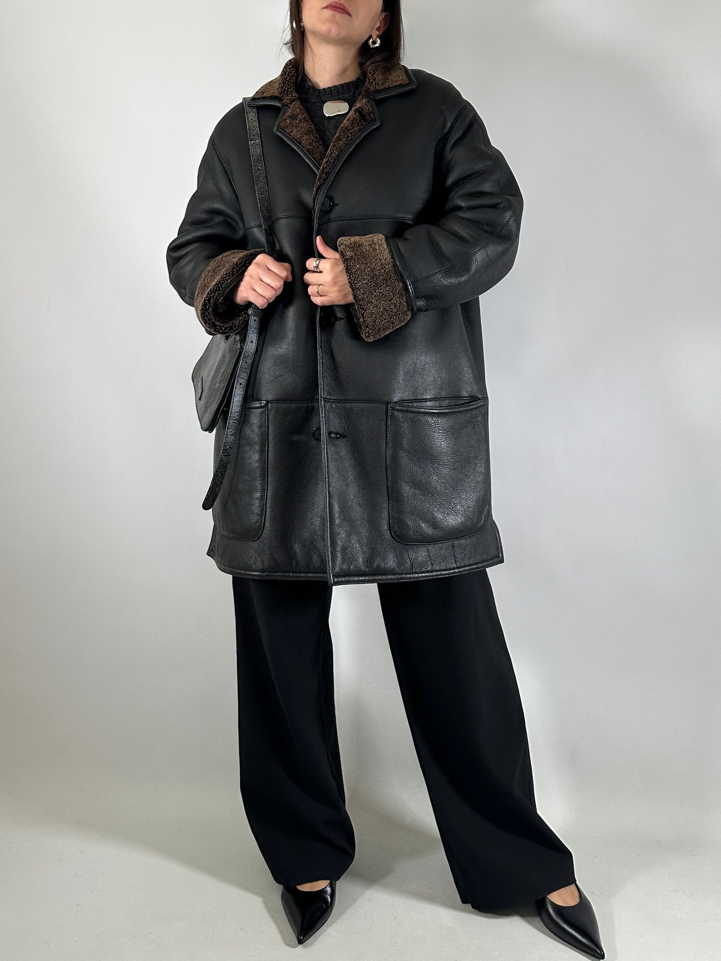 Authentic vintage shearling coat in black and brown