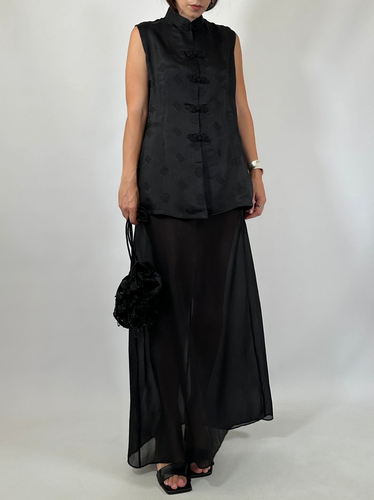 Black Silk Jacquard Frog Closure Blouse