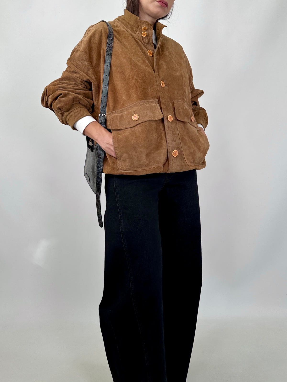 Cognac Suede Bomber Jacket