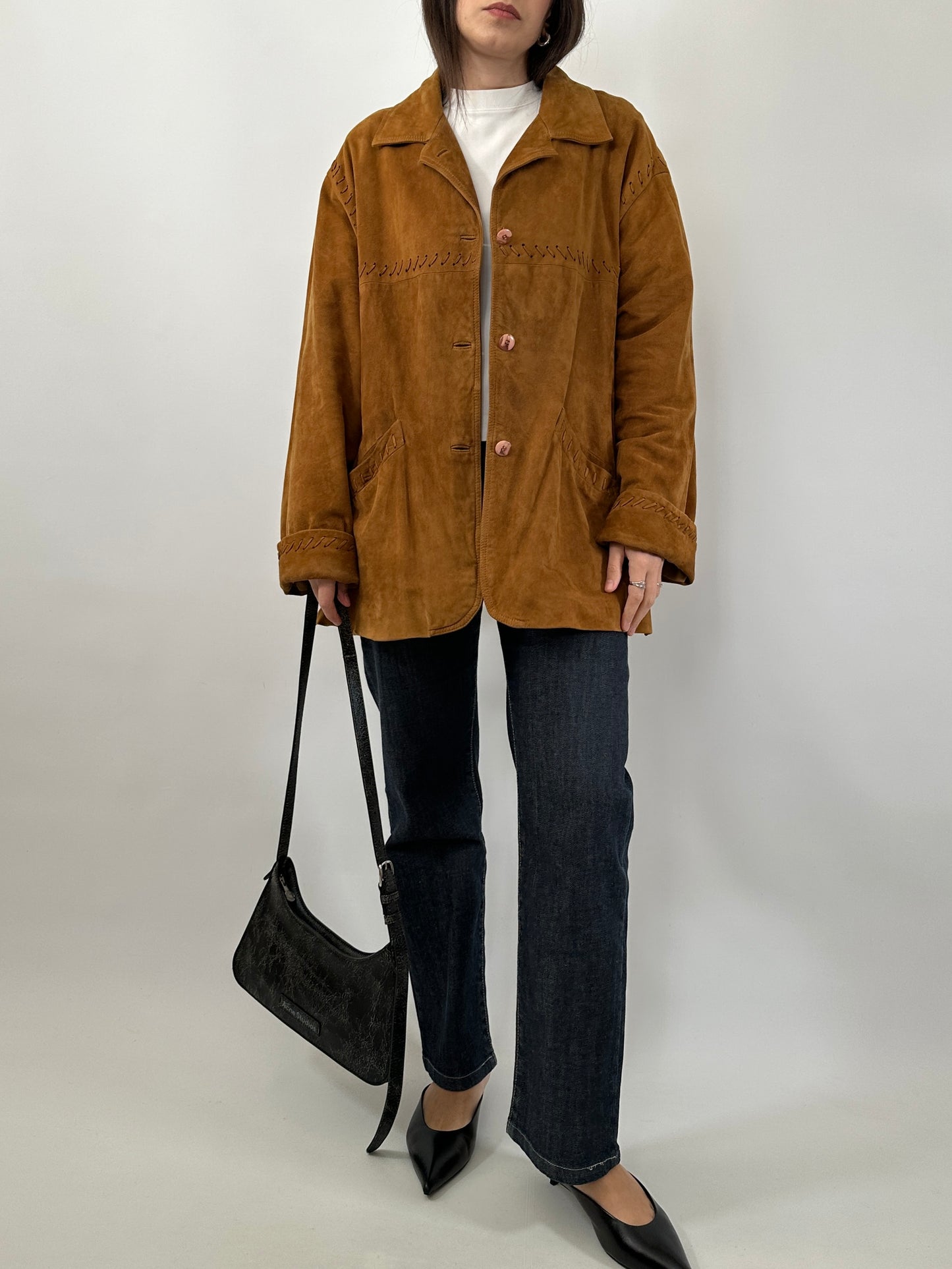 Vintage Suede Jacket with Cross-Stitch Details