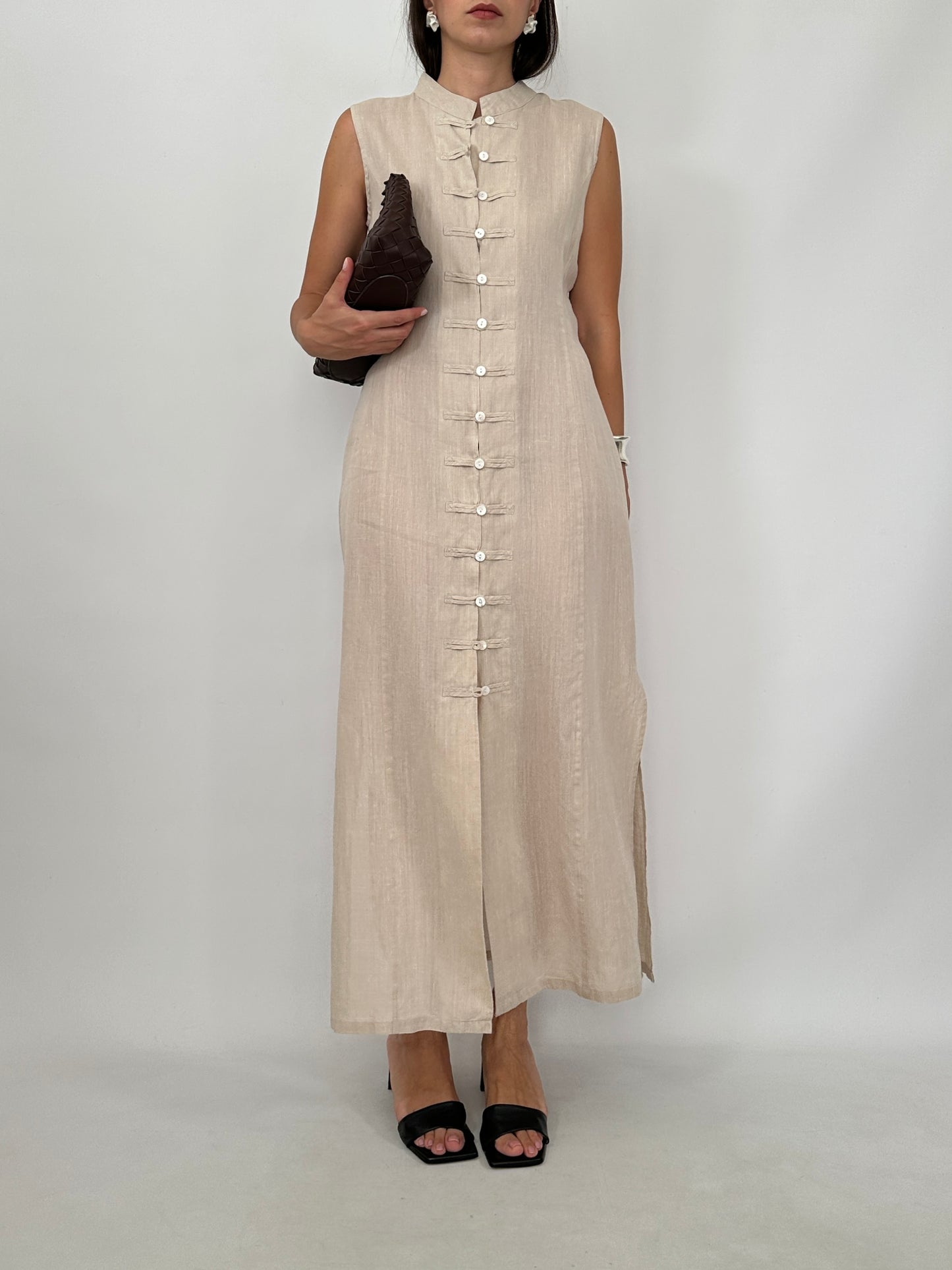 Pure Linen Mandarin Midi Dress