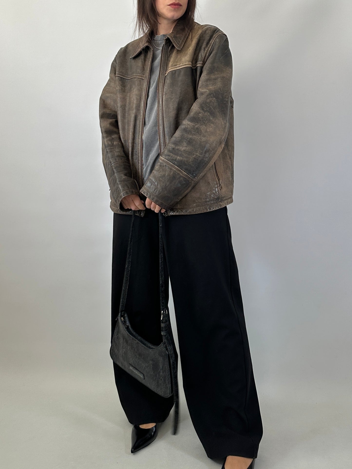 Distressed effect real leather jacket