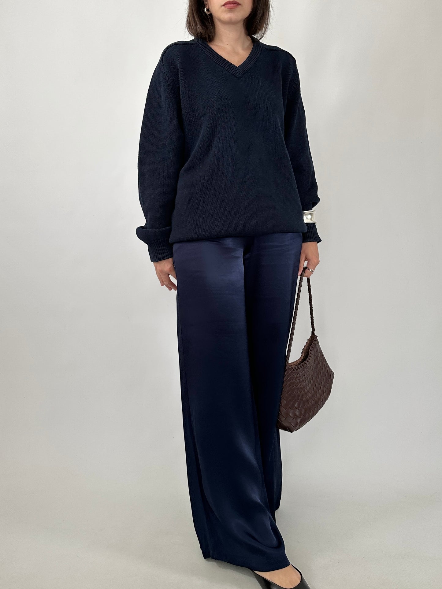 Navy Cotton V-Neck Sweater
