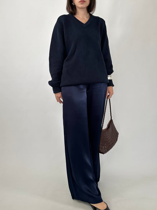 Navy Cotton V-Neck Sweater