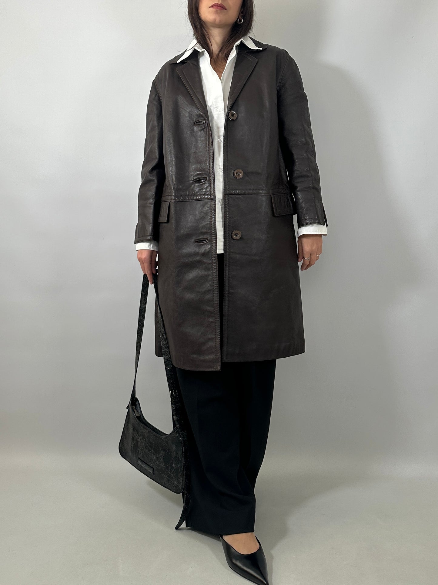 90s Brown Leather Long Jacket