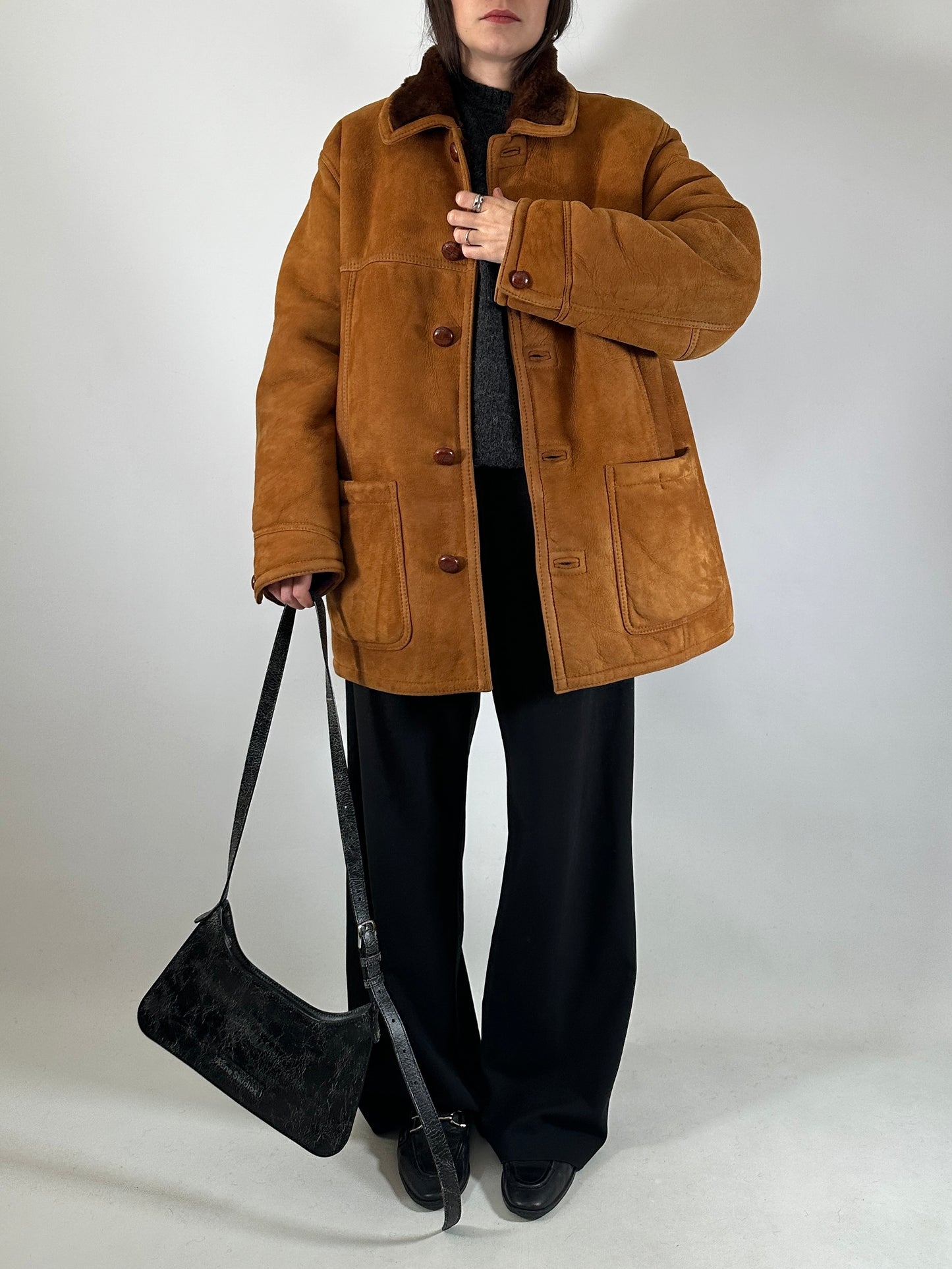 Vintage shearling coat in soft suede leather