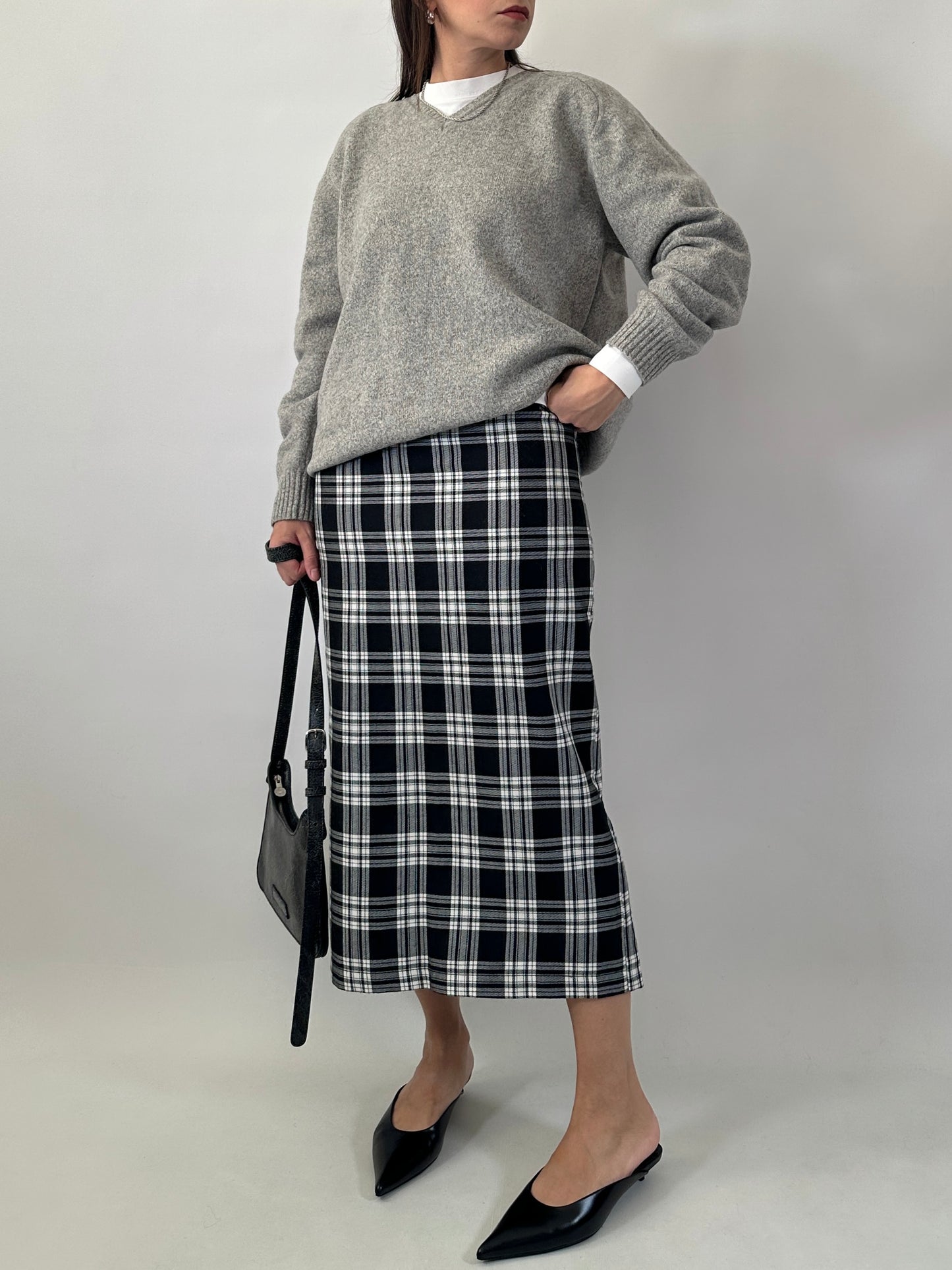 Checked long pencil skirt