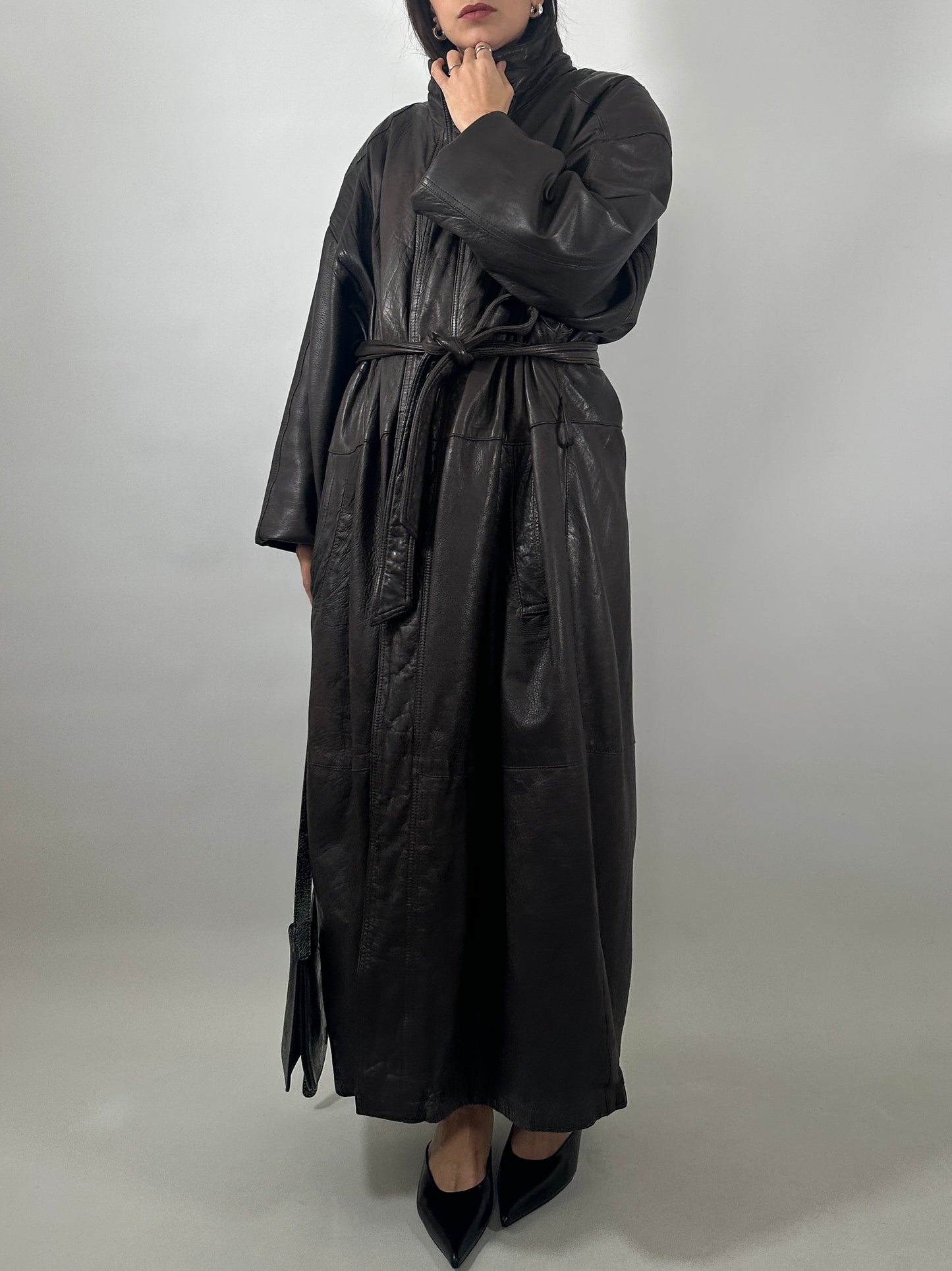 Vintage Soft Leather Funnel Neck Coat