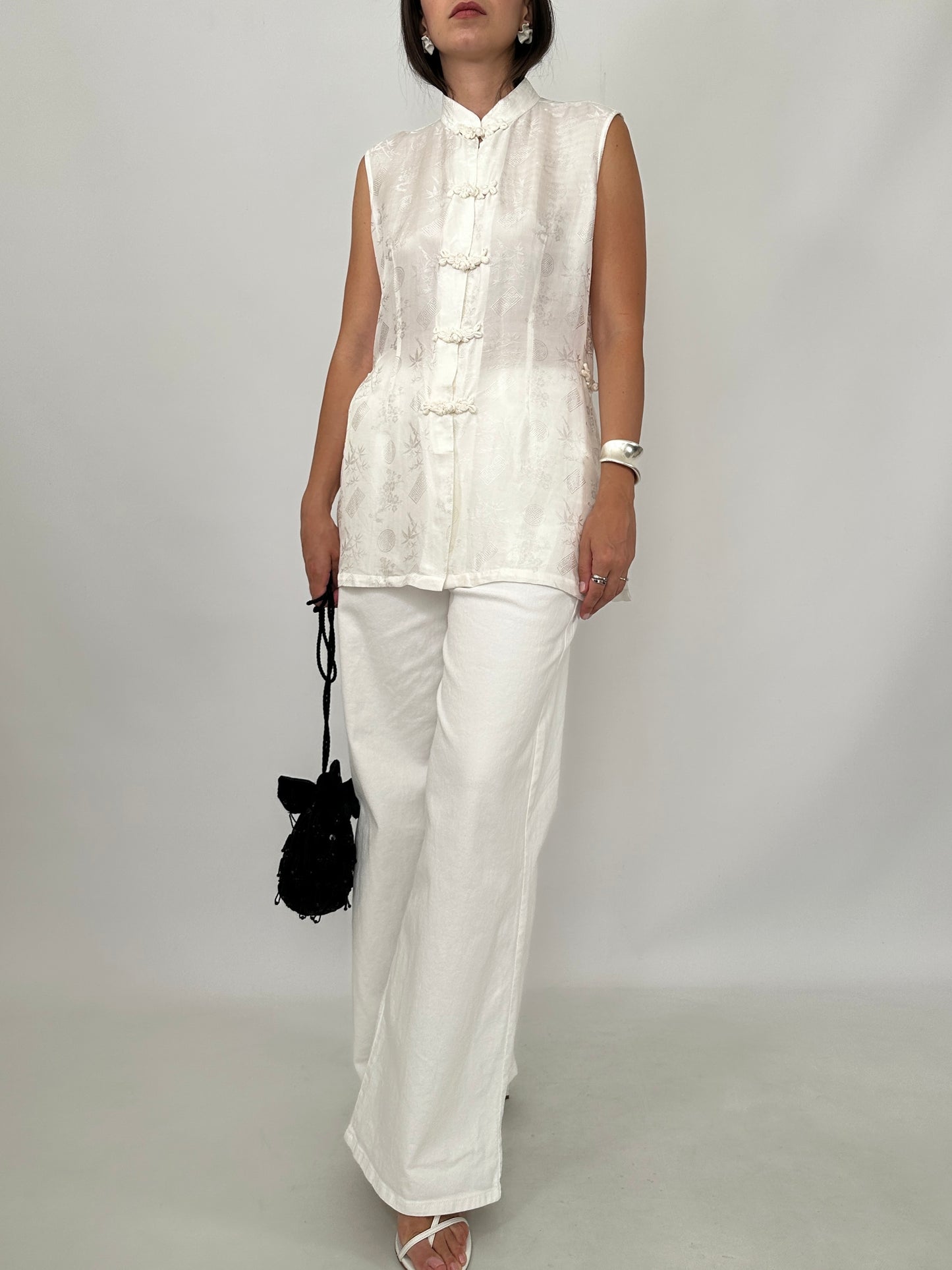 White Silk Jacquard Frog Closure Blouse
