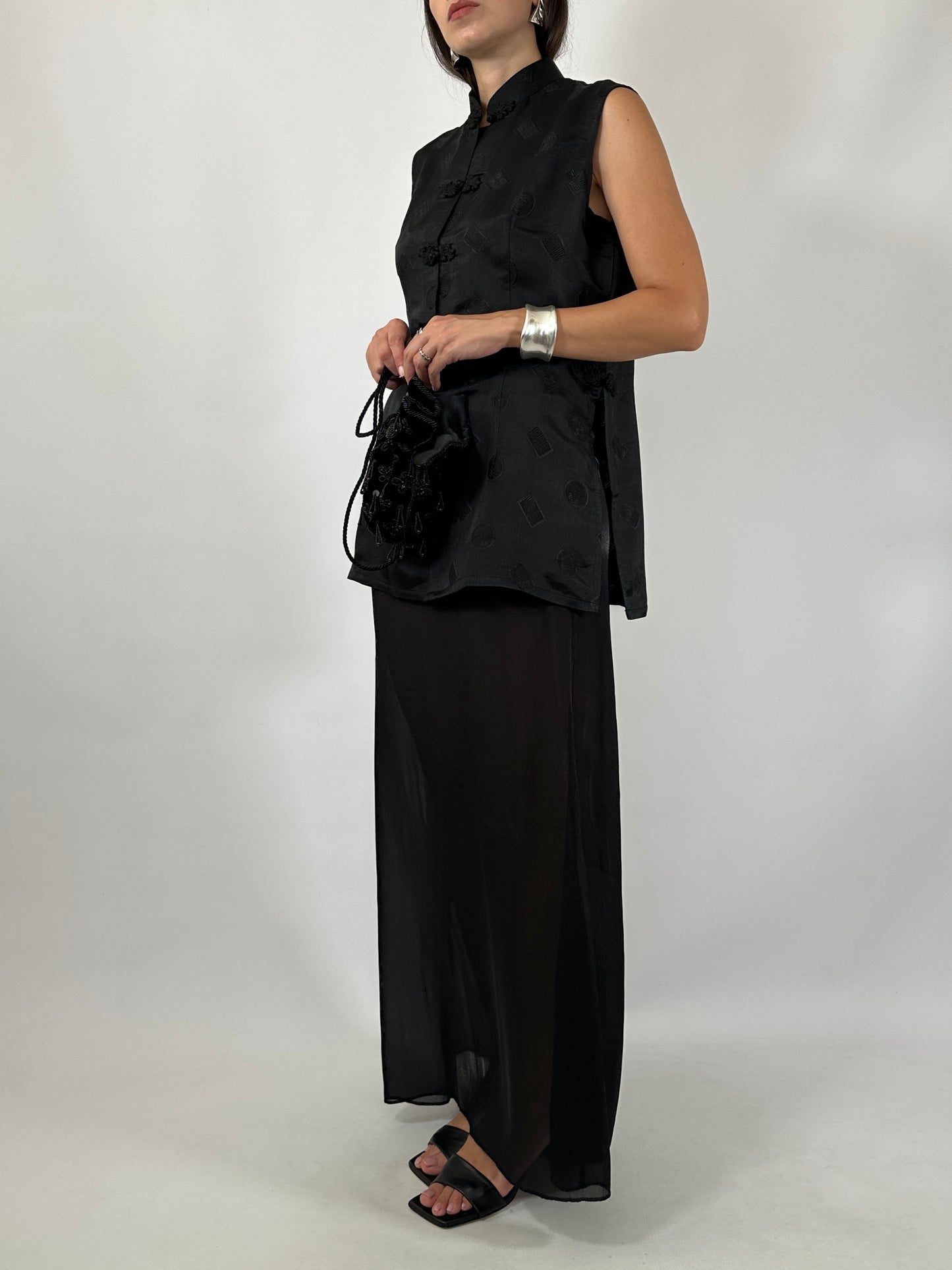 Black Silk Jacquard Frog Closure Blouse