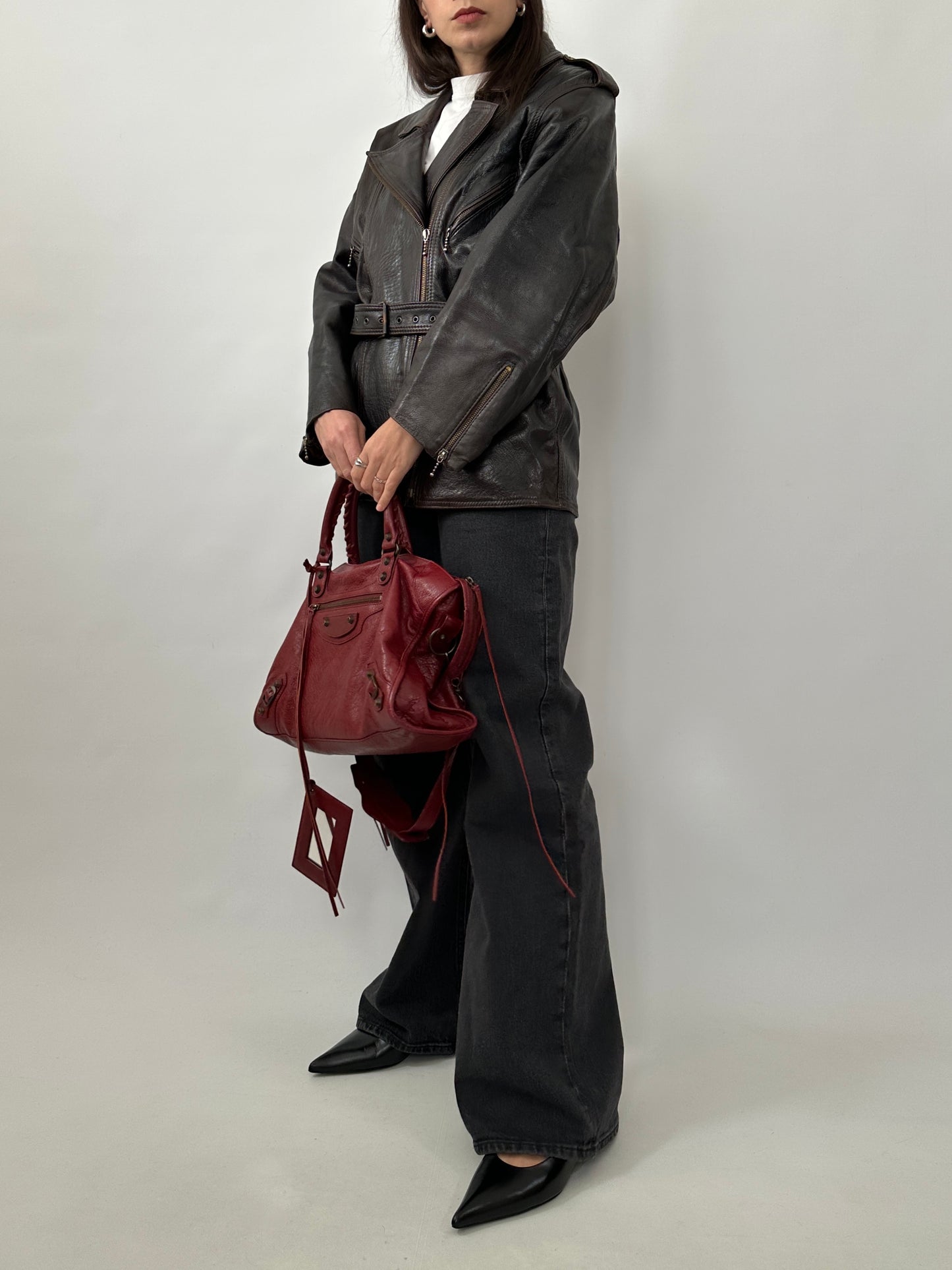 Vintage Dark Brown Leather Belted Jacket