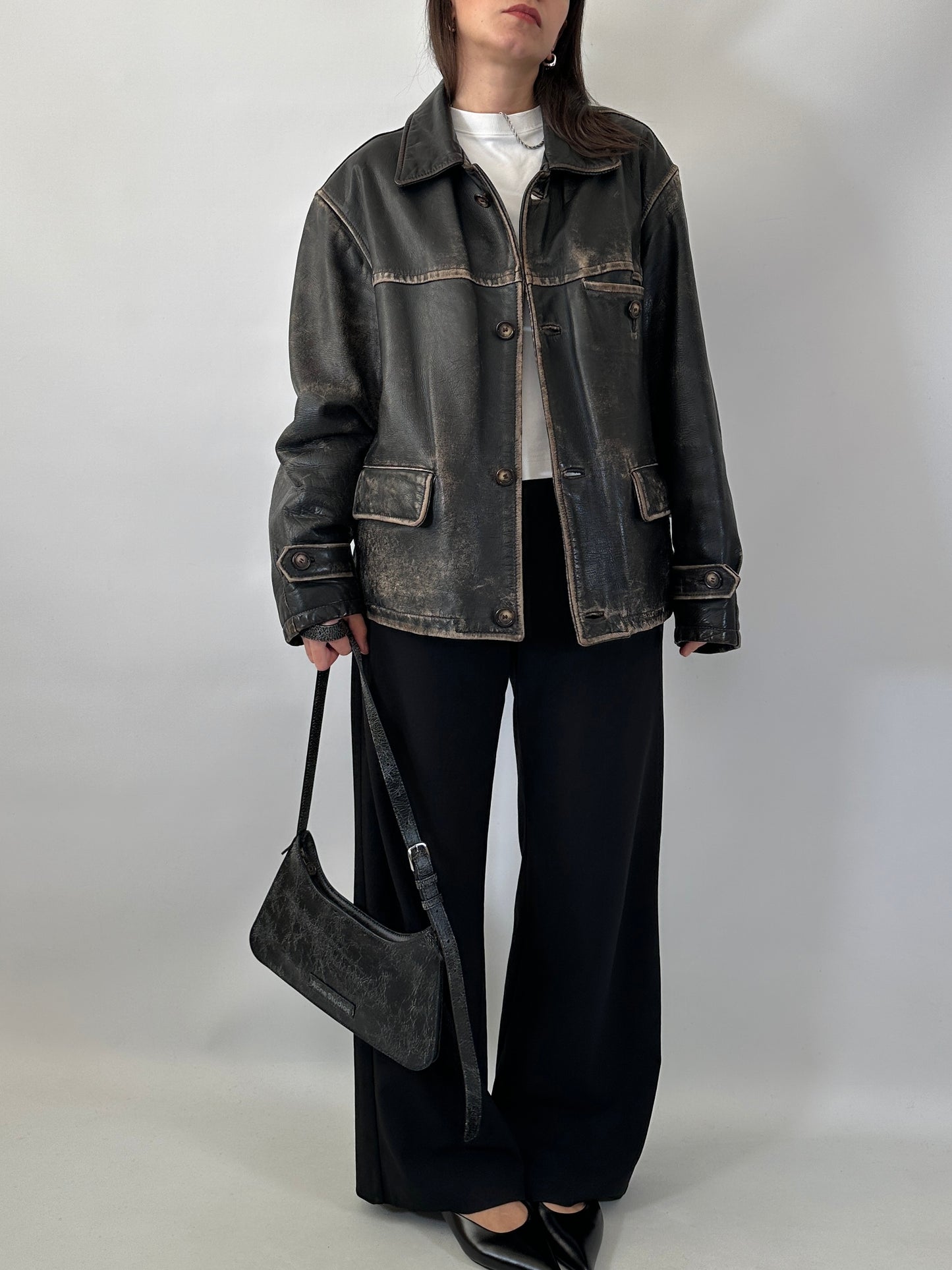 Distressed leather Harrington jacket