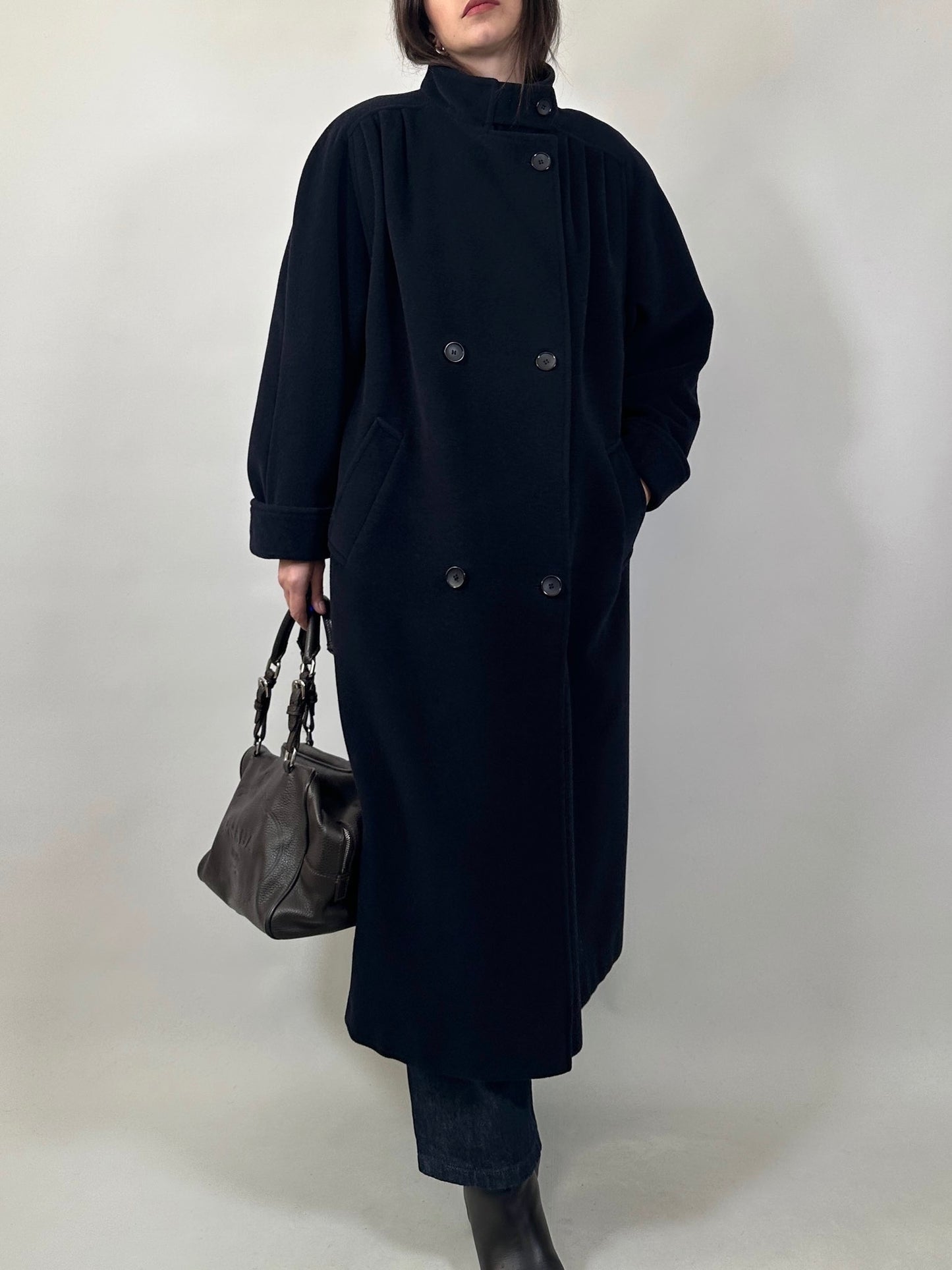 Vintage Long Blue Coat with Pleated Shoulder Detail