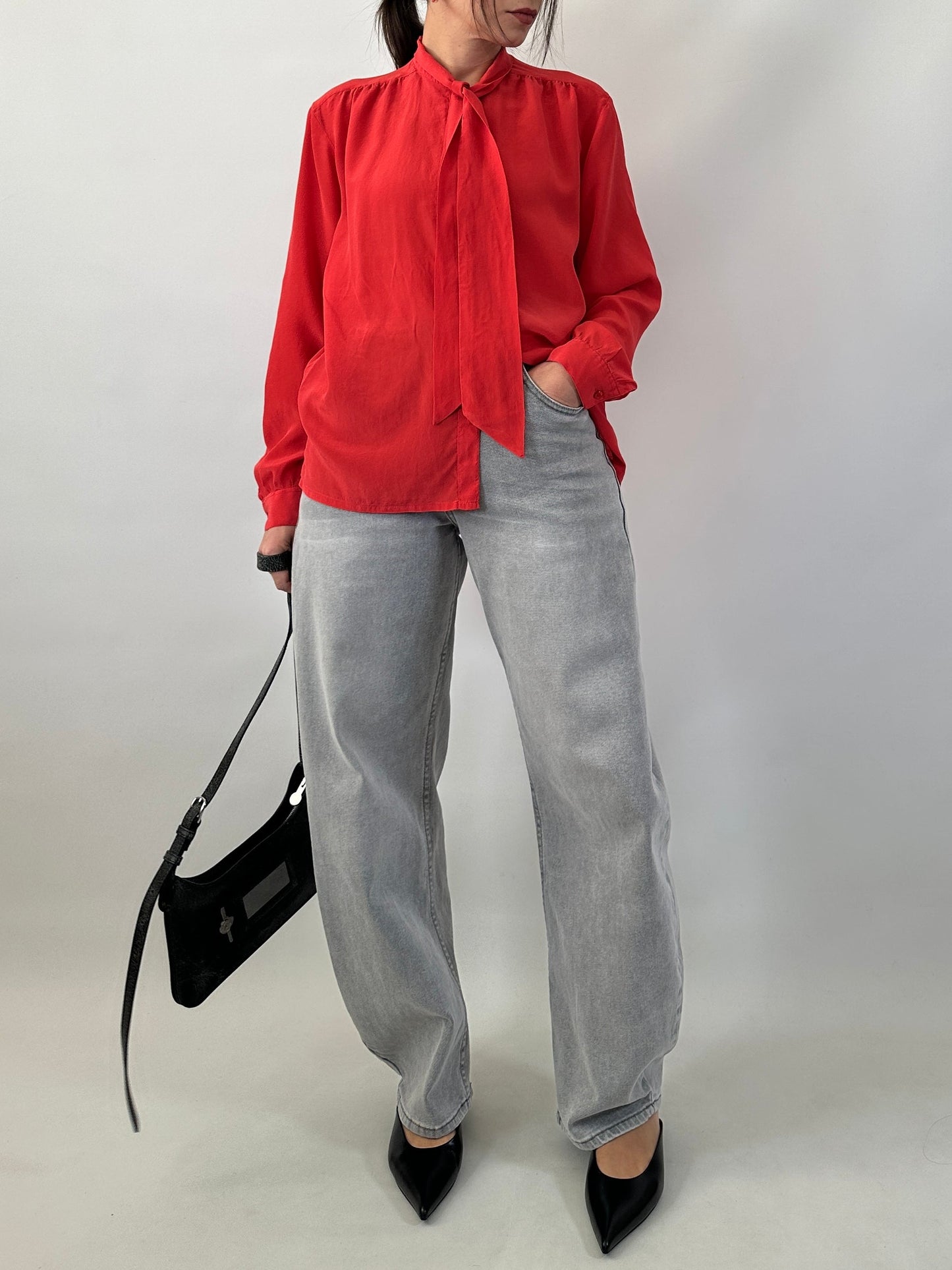 Vintage Red Silk Shirt with Bow