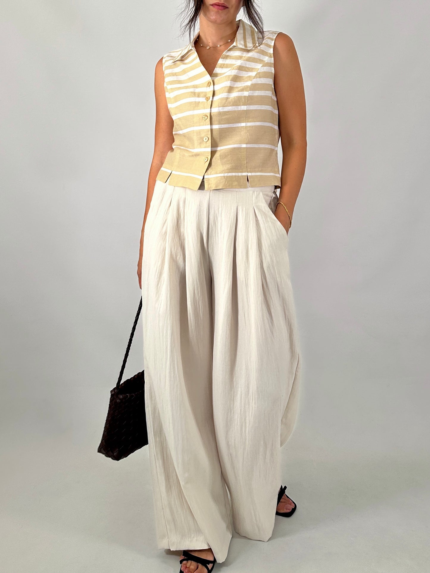 Striped linen blend crop shirt