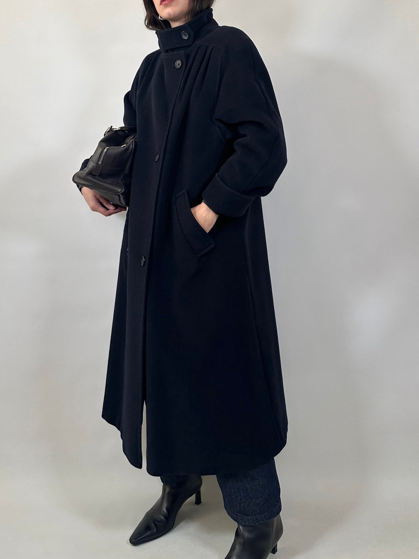 Vintage Long Blue Coat with Pleated Shoulder Detail