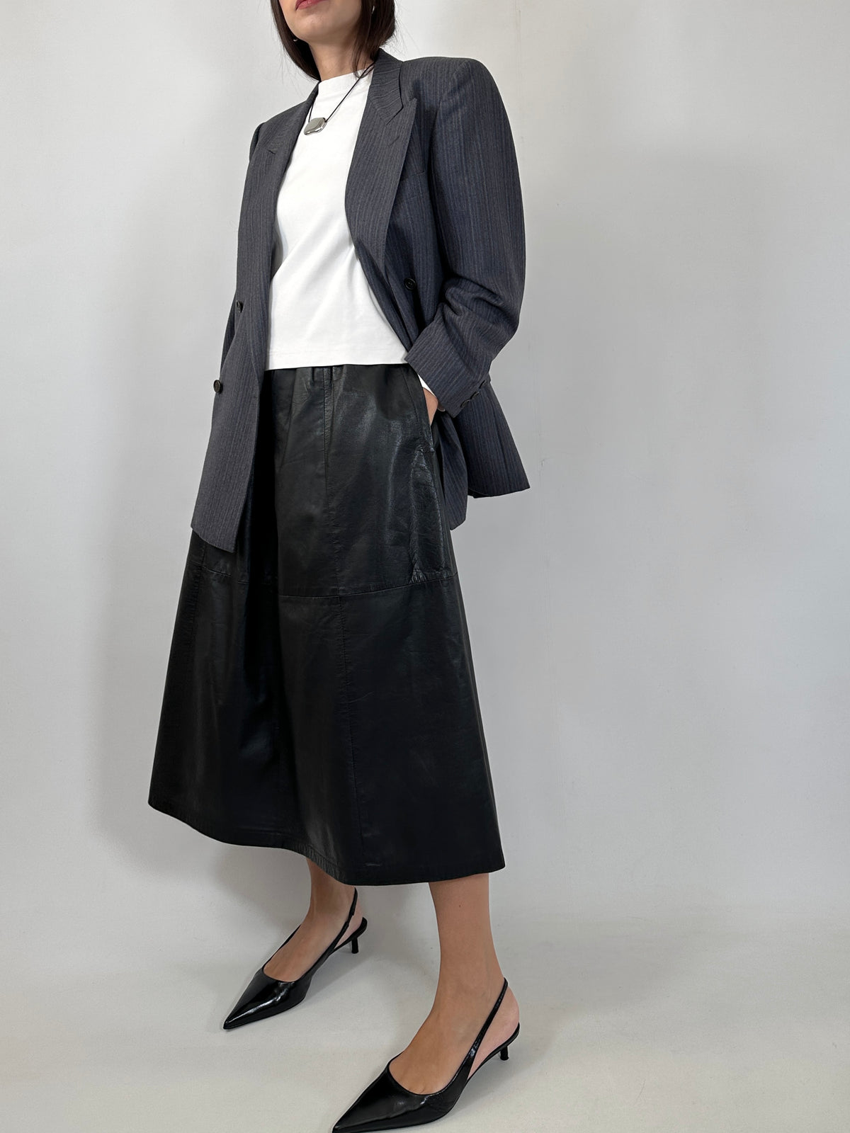 Vintage Black Leather Midi Skirt