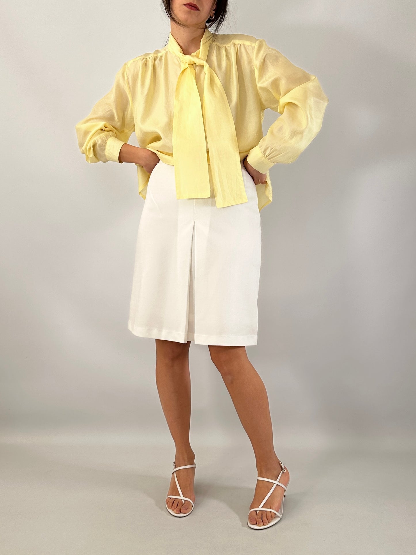 Butter yellow silk bow shirt