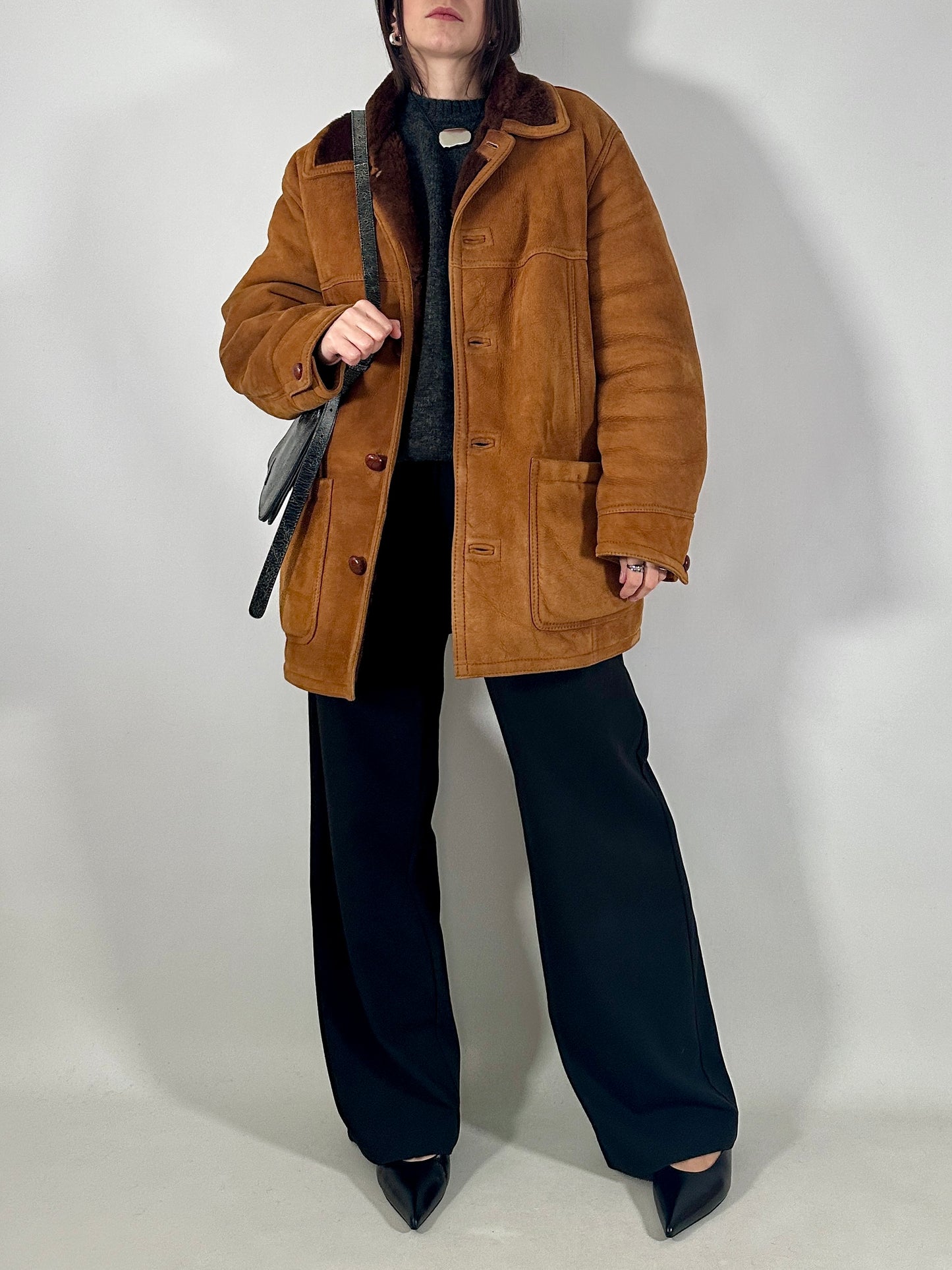 Vintage shearling coat in soft suede leather