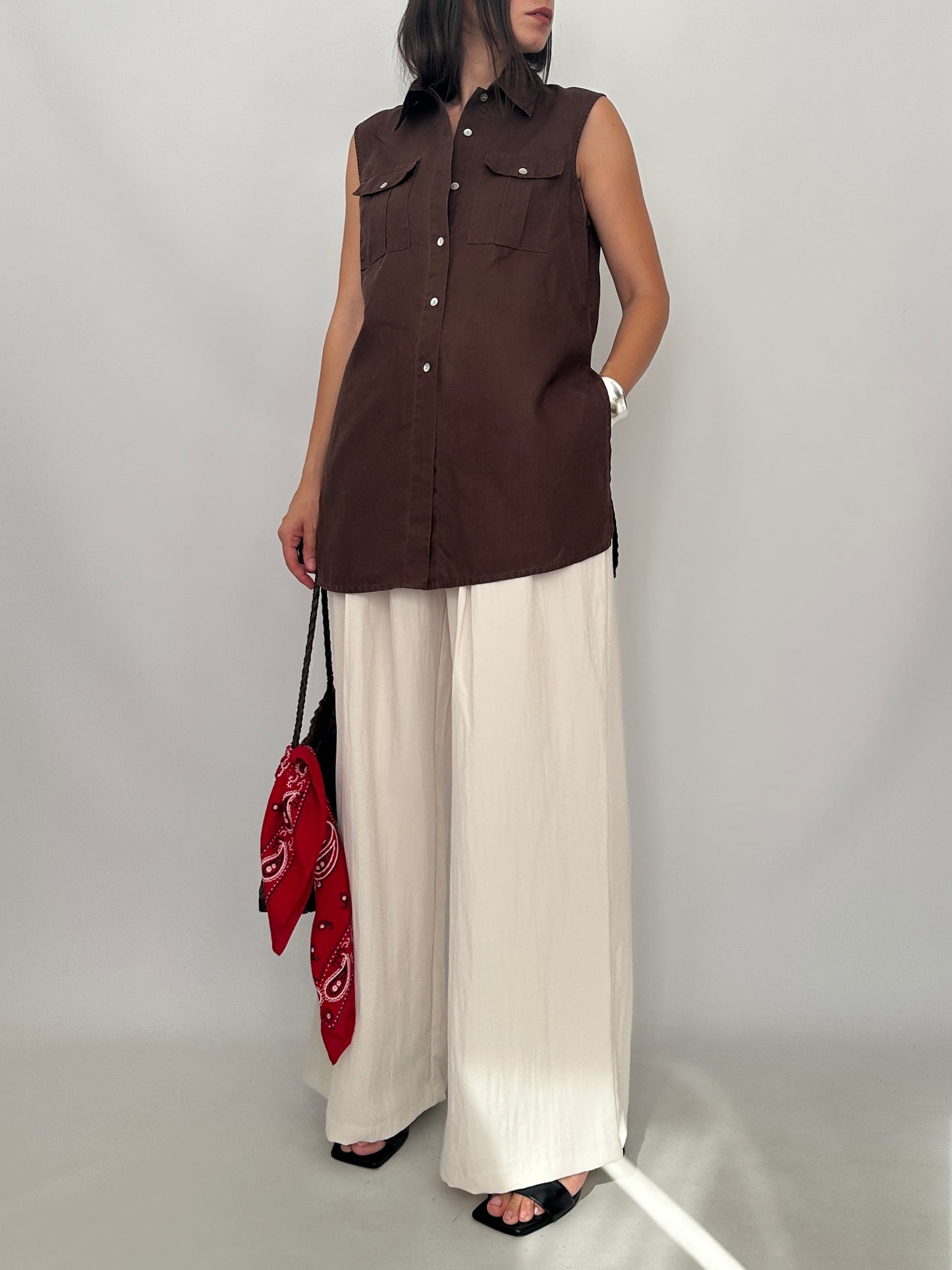 Sleeveless Long Linen Utility Shirt