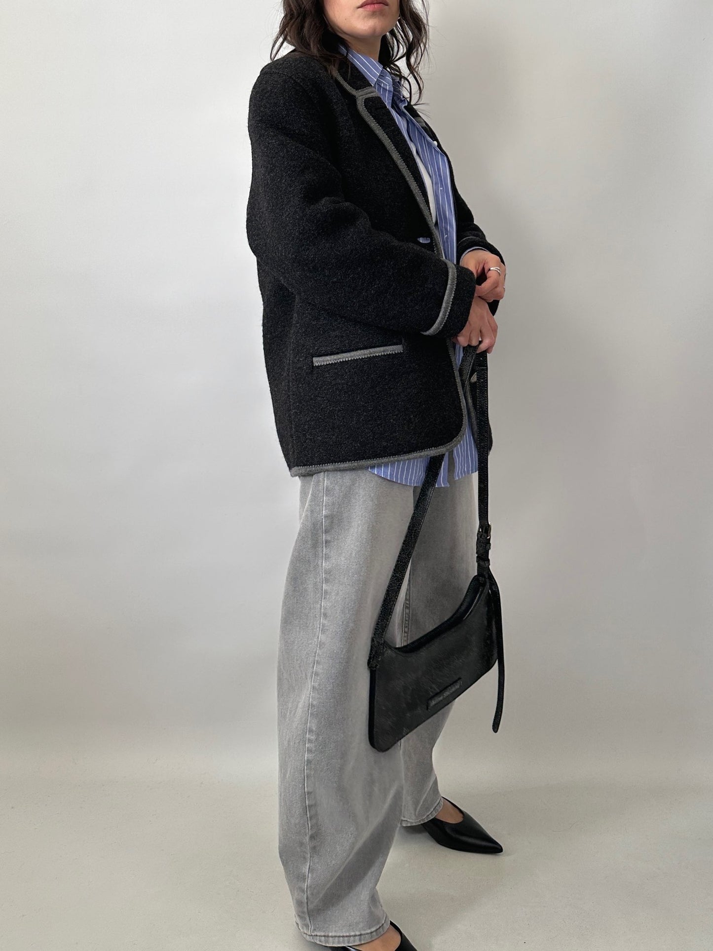 Gray wool felt jacket with contrast details