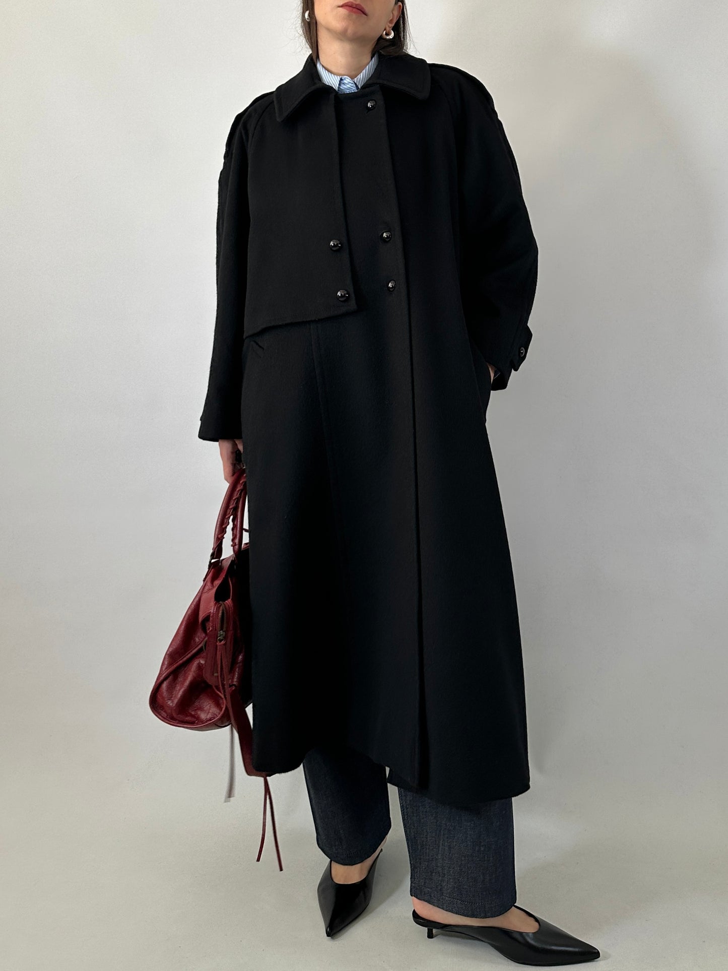 Vintage black wool coat with cape detail