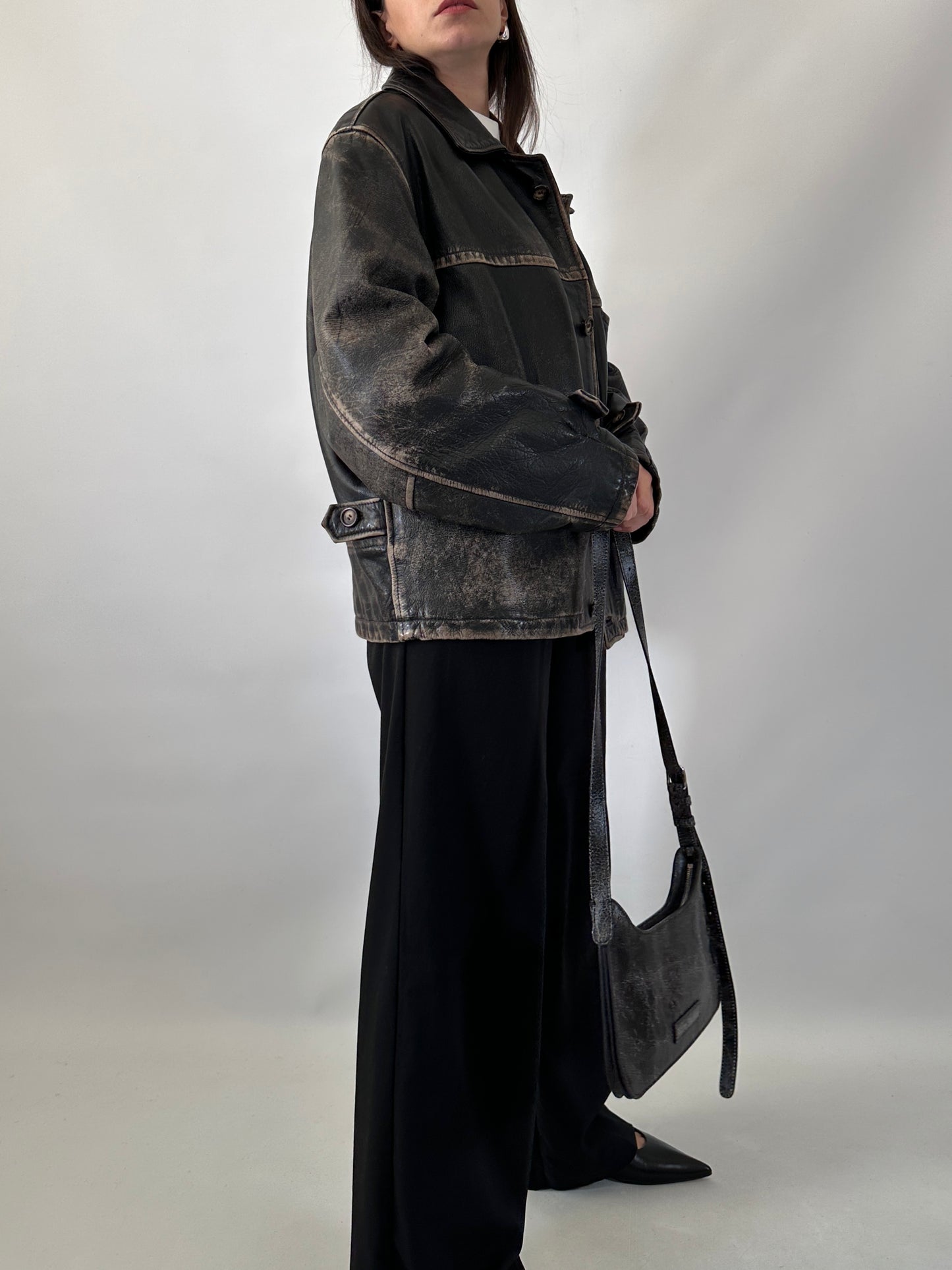 Distressed leather Harrington jacket