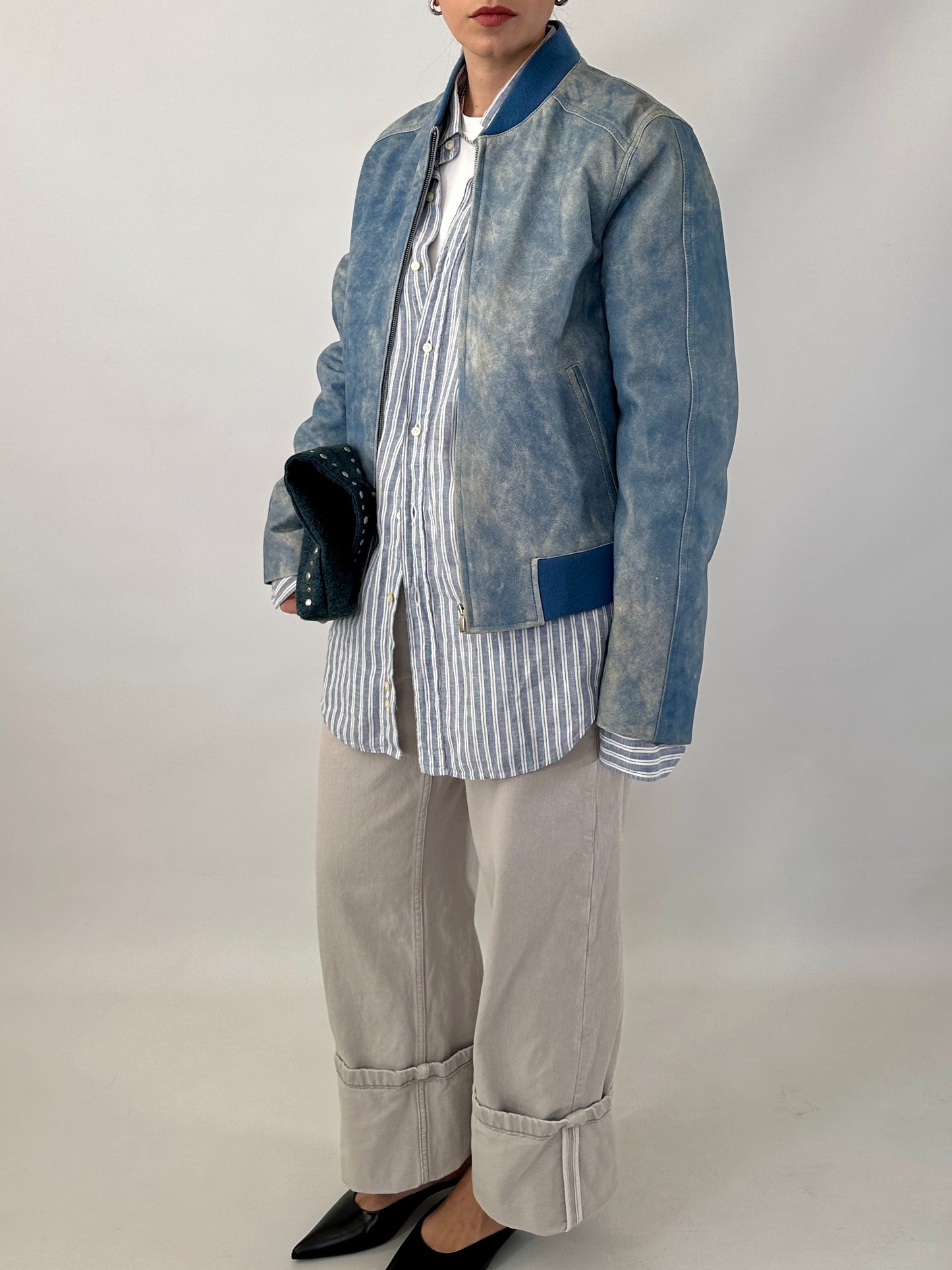 Hugo Boss bomber in distressed sky blue lamb leather