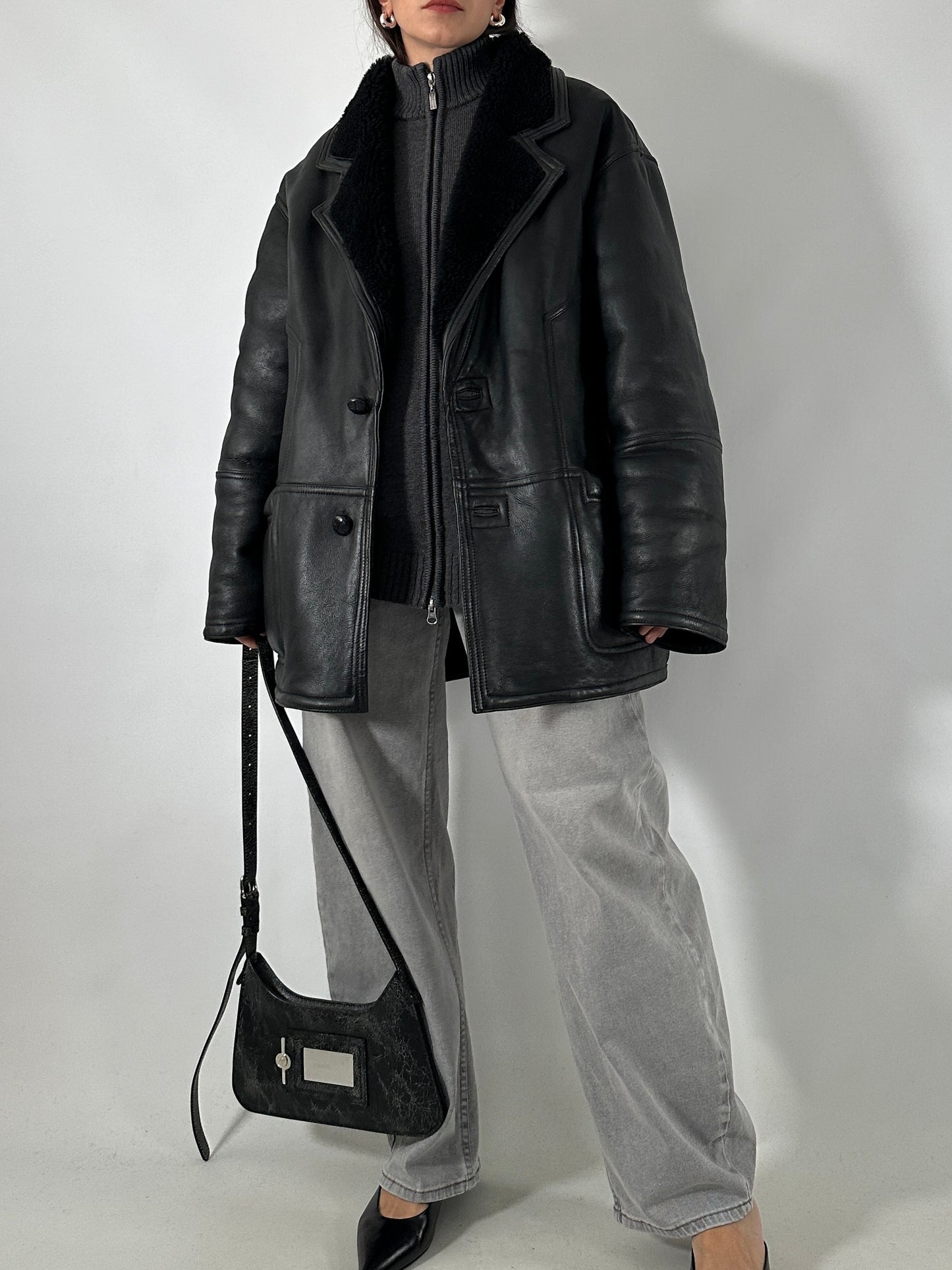 Vintage black shearling coat