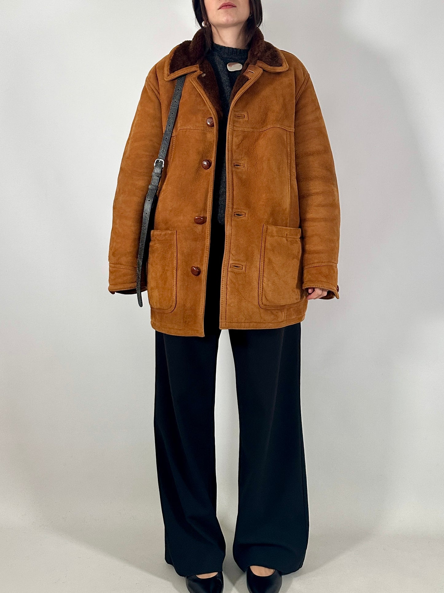 Vintage shearling coat in soft suede leather