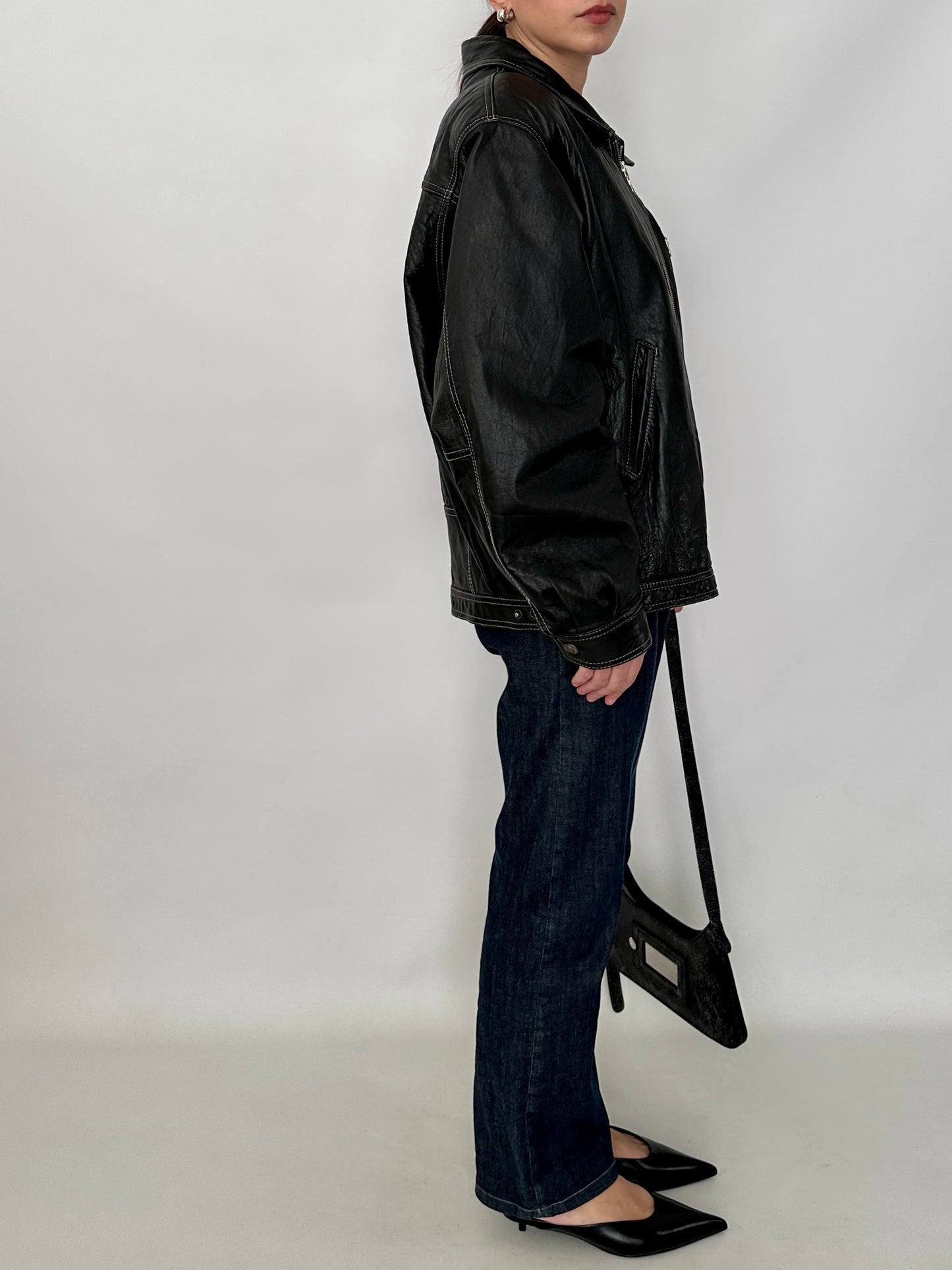 Genuine leather harrington jacket with contrast stitching